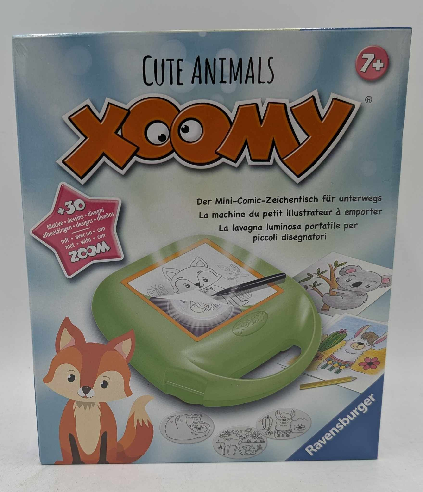Verpackung des Xoomy Cute Animals Malspiels mit grünem Leuchtkasten und Fuchszeichnung.