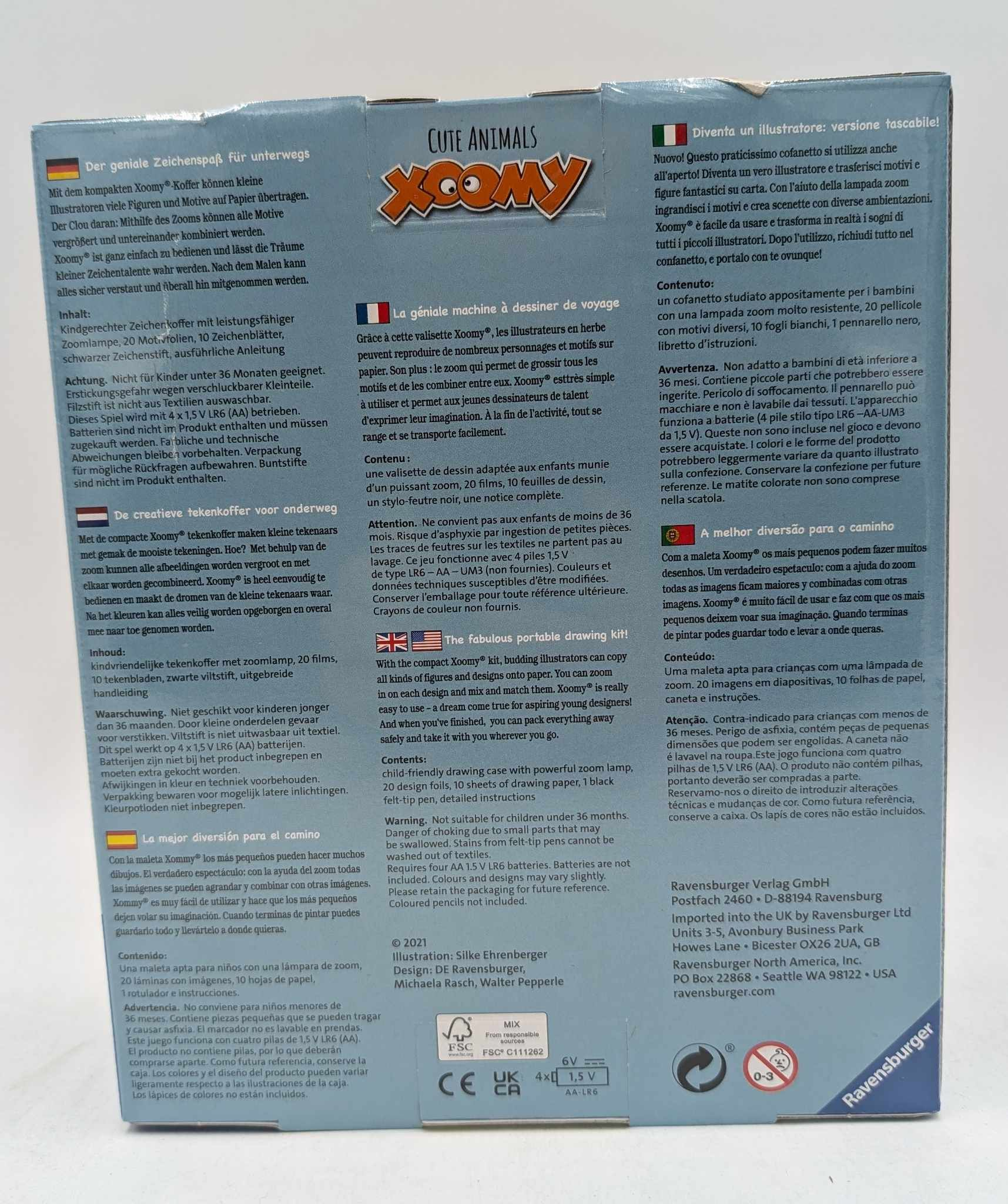 Rückseite einer Ravensburger Xoomy Produktverpackung mit Texten in mehreren Sprachen.