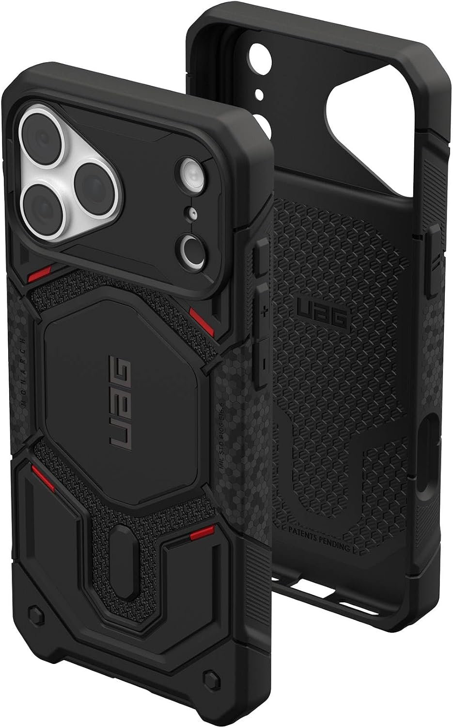 Eine robuste schwarze Smartphone-Hülle mit strukturierter Rückseite, roten Akzenten und UAG-Logo.