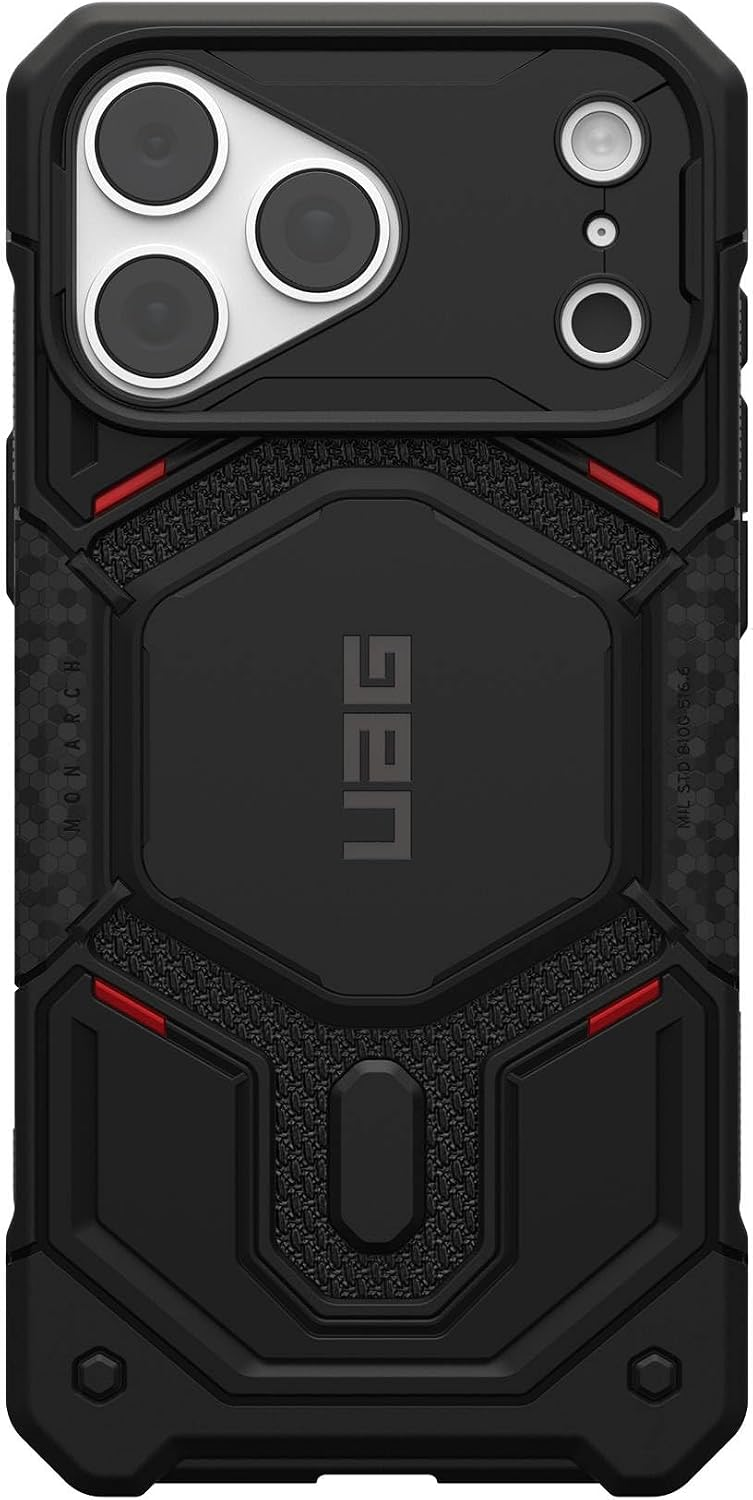 Schwarze Schutzhülle mit rotem Akzent, UAG-Logo und verstärkten Ecken für ein Smartphone.