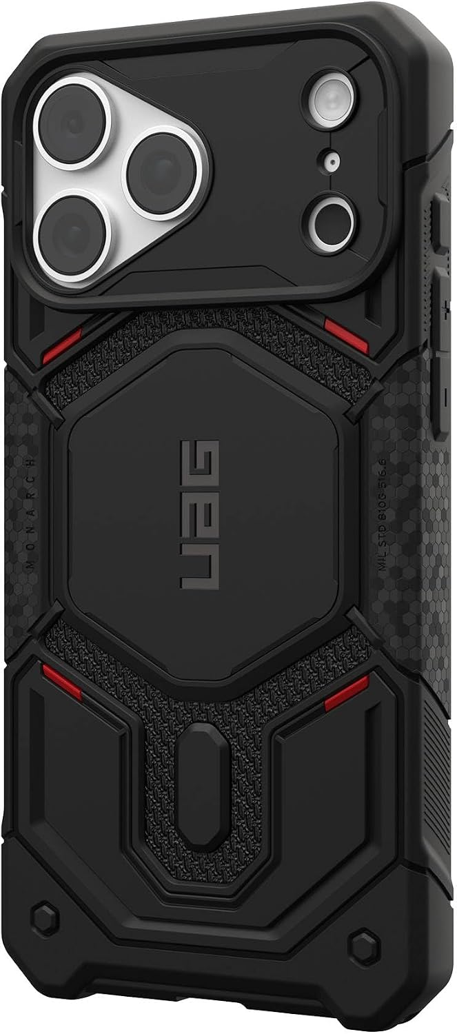 Schwarze, robuste Smartphone-Hülle mit roten Akzenten, Textur und UAG-Logo.