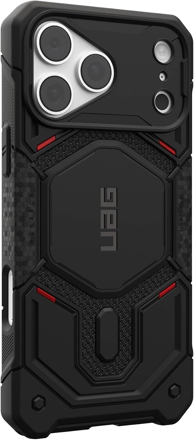 Robuste schwarze UAG Schutzhülle für ein Smartphone mit Dreifachkamera.