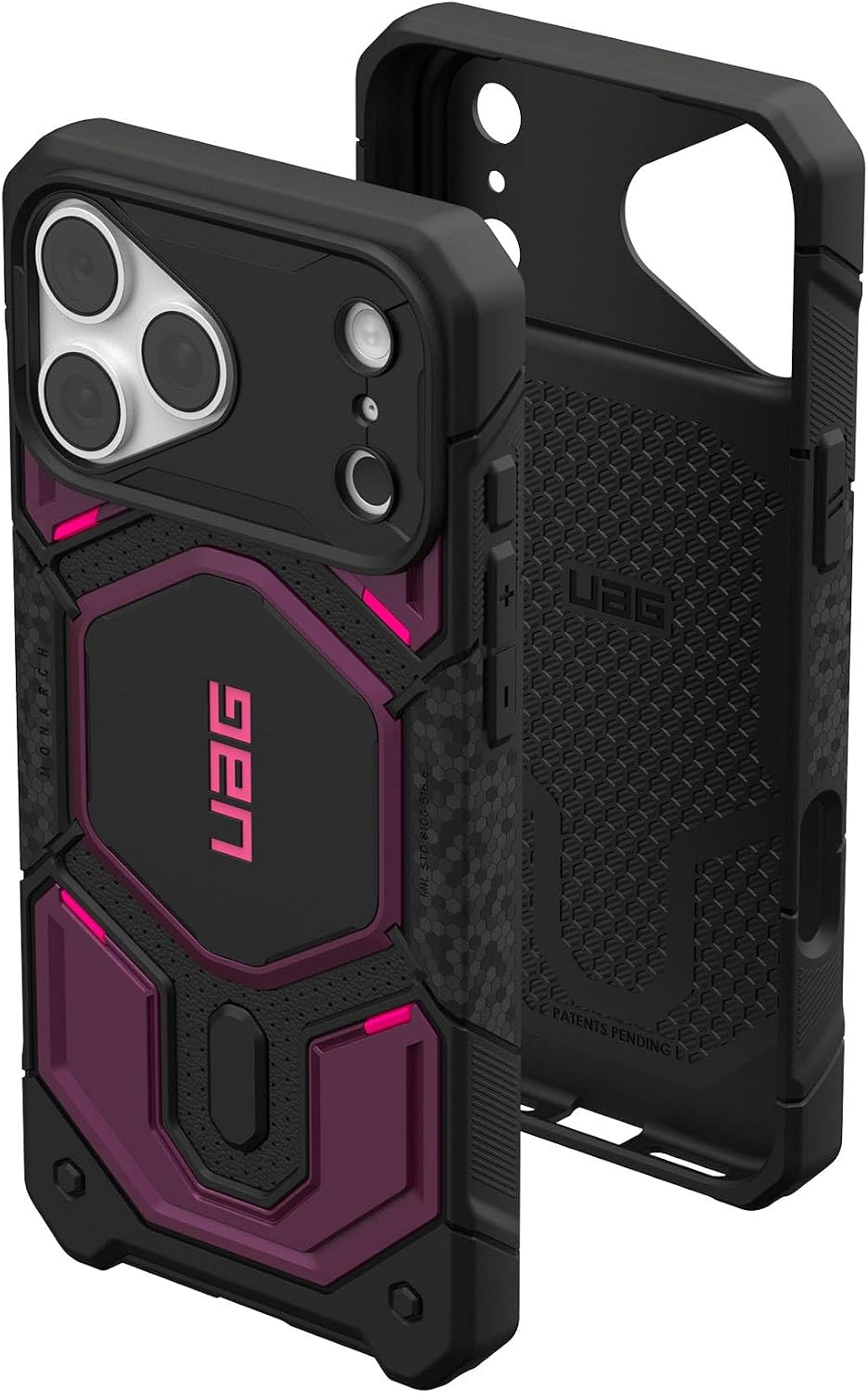Custodia per smartphone UAG nera e viola robusta mostrata da angoli anteriori e posteriori su fondo bianco.