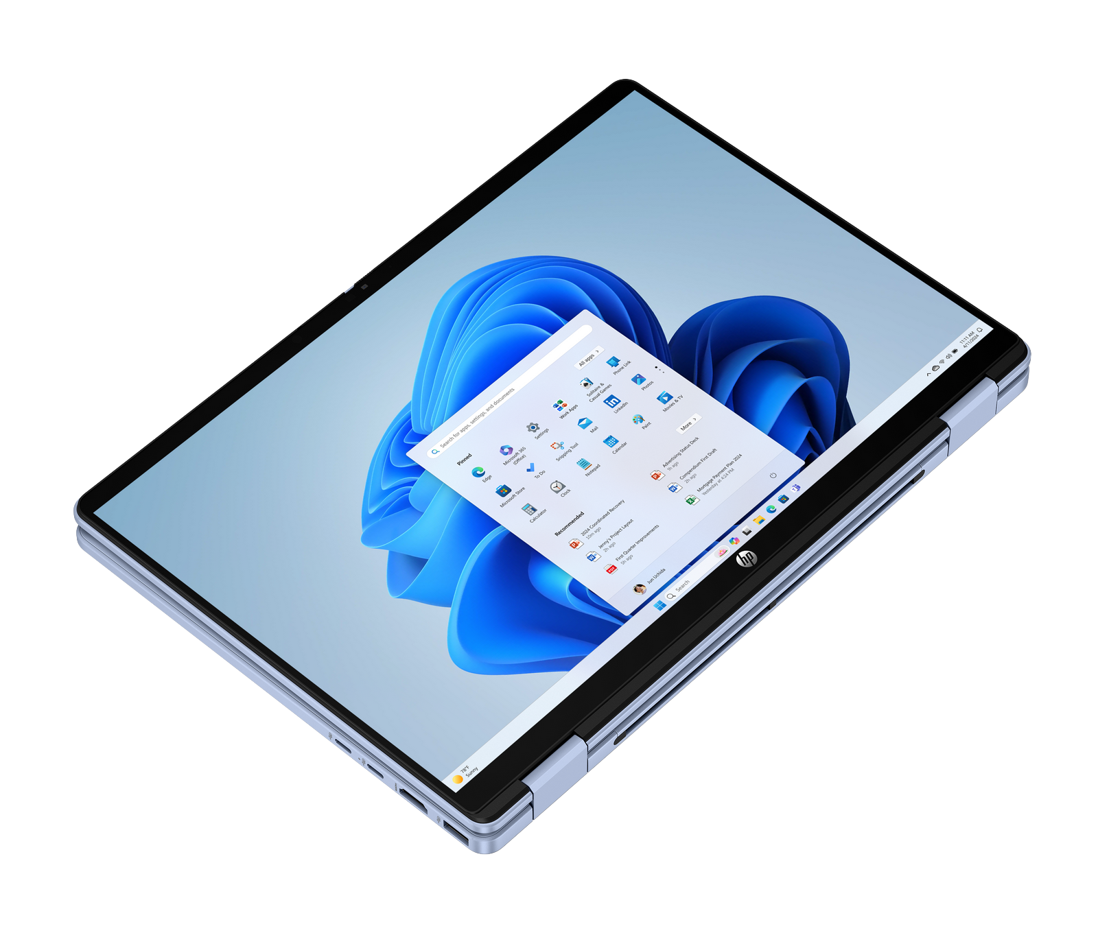 Un portatile HP in modalità tablet mostra il menu Start di Windows 11 su sfondo blu e nero.