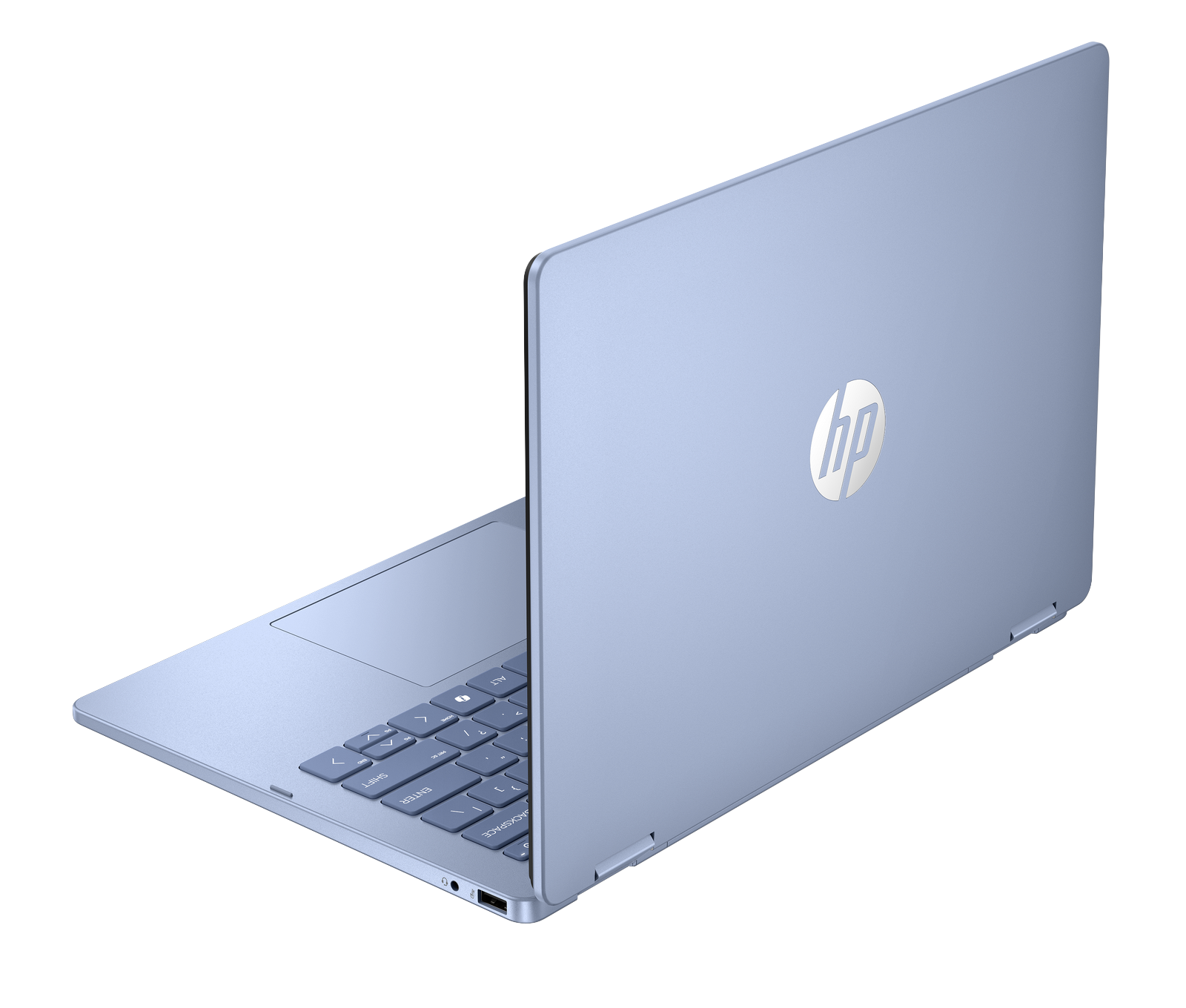 Un laptop HP azzurro con lo schermo parzialmente aperto, su sfondo nero da una angolazione leggermente rialzata.