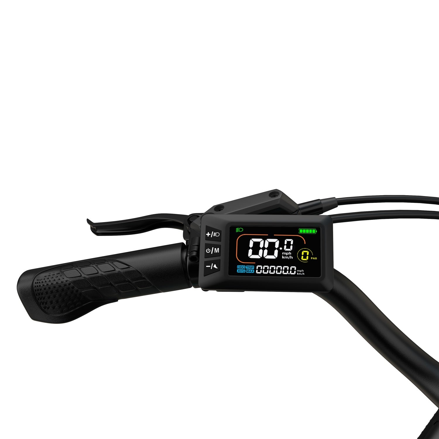 Manubrio di e-bike con impugnatura nera, leva del freno e display digitale che mostra velocità e stato della batteria.