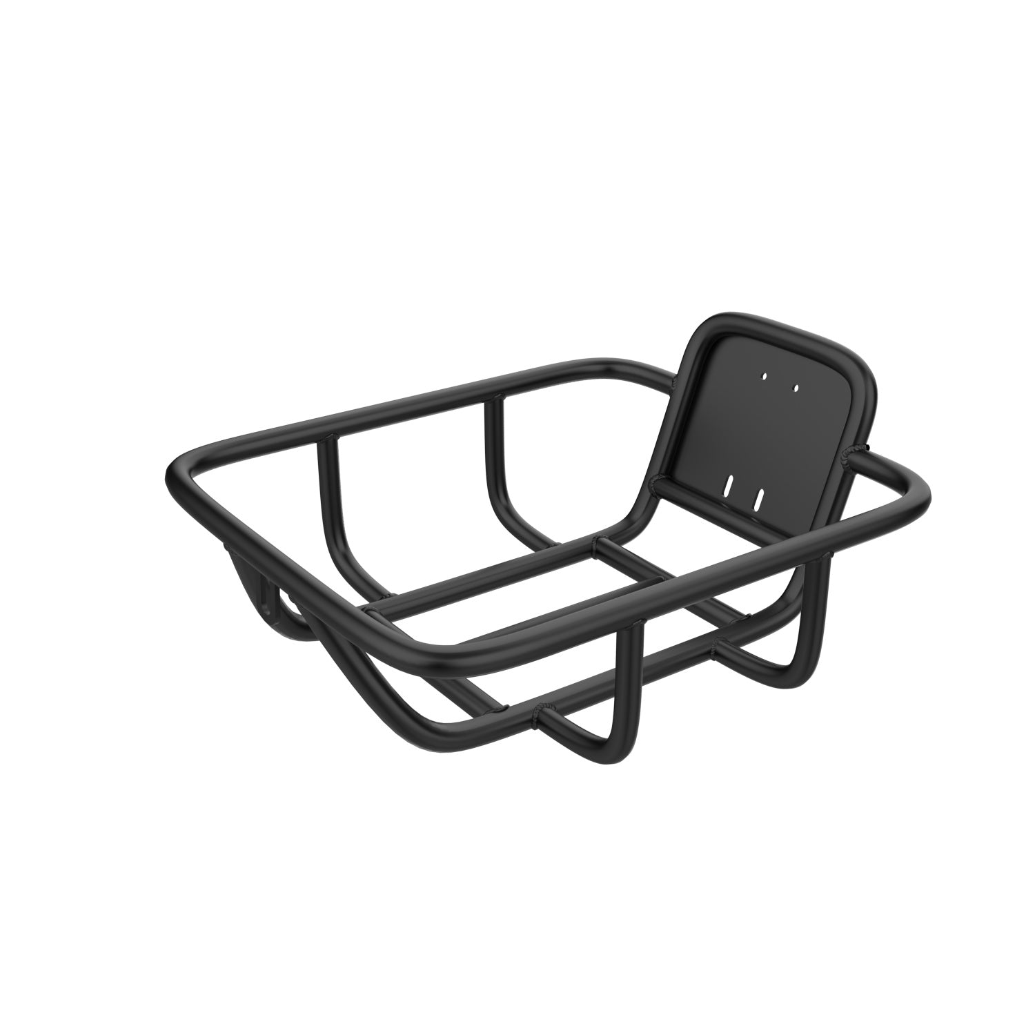 Un portapacchi anteriore per bicicletta in metallo nero su sfondo bianco.