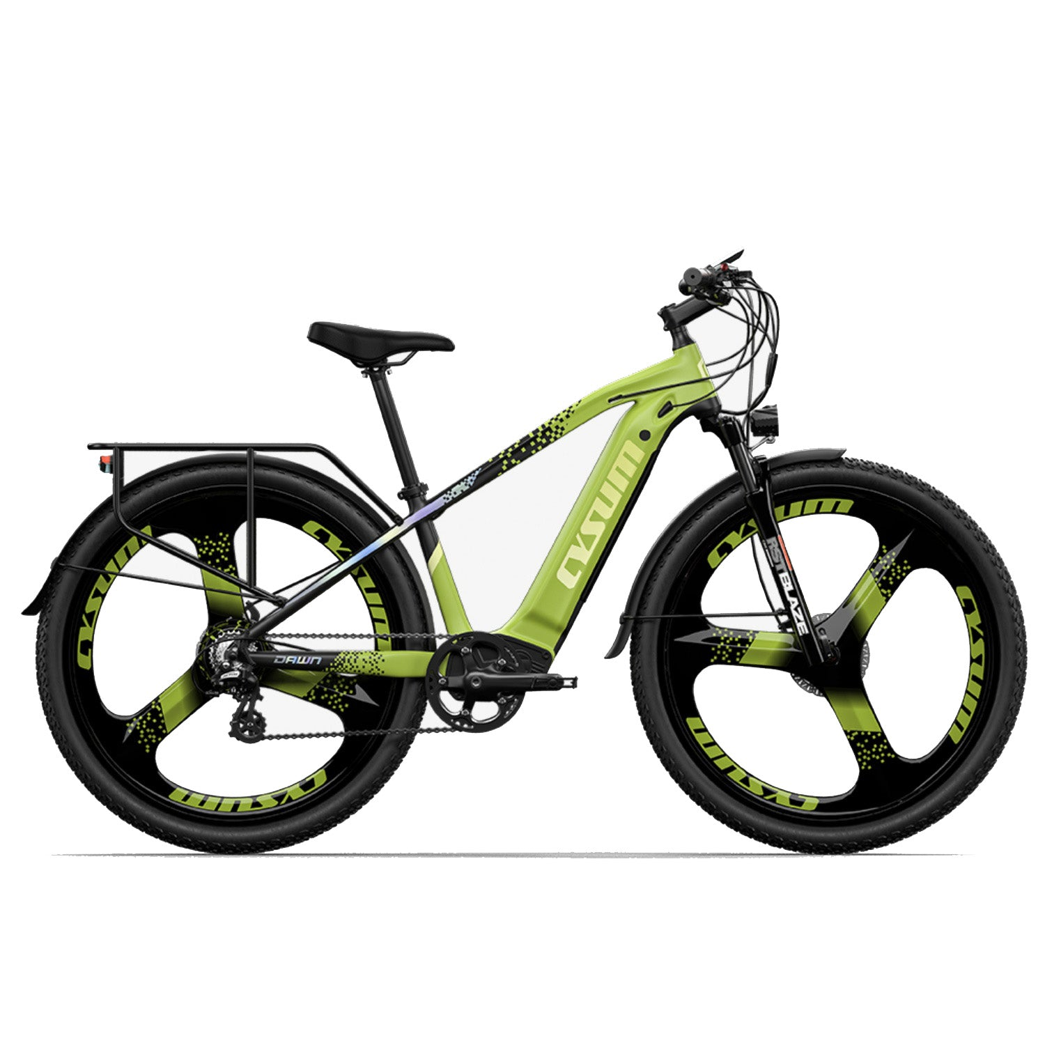 Una e-bike verde chiaro con pneumatici larghi, portapacchi posteriore e cerchi neri a tre razze.