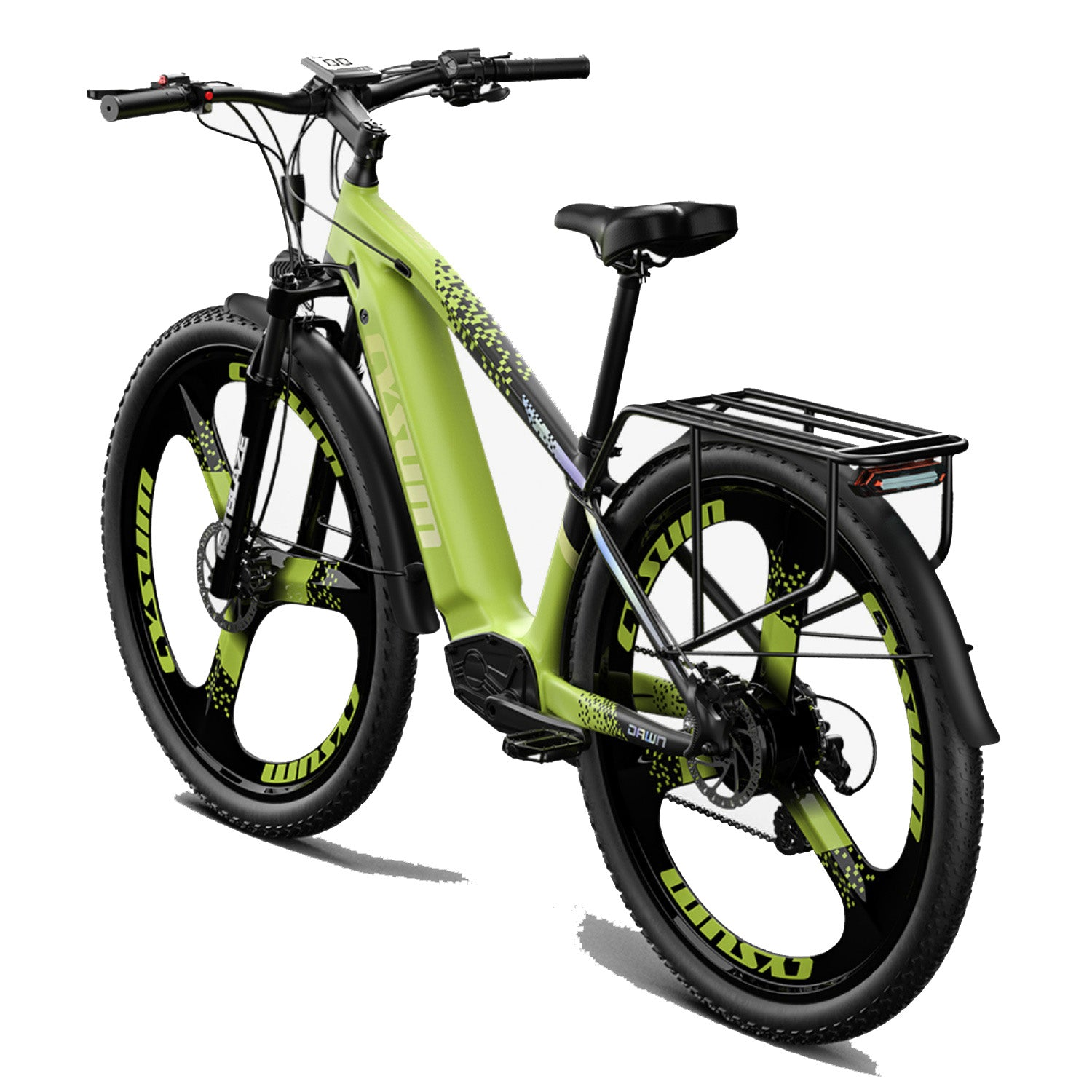 Una bicicletta elettrica verde neon con portapacchi nero e copertoni spessi su sfondo bianco.