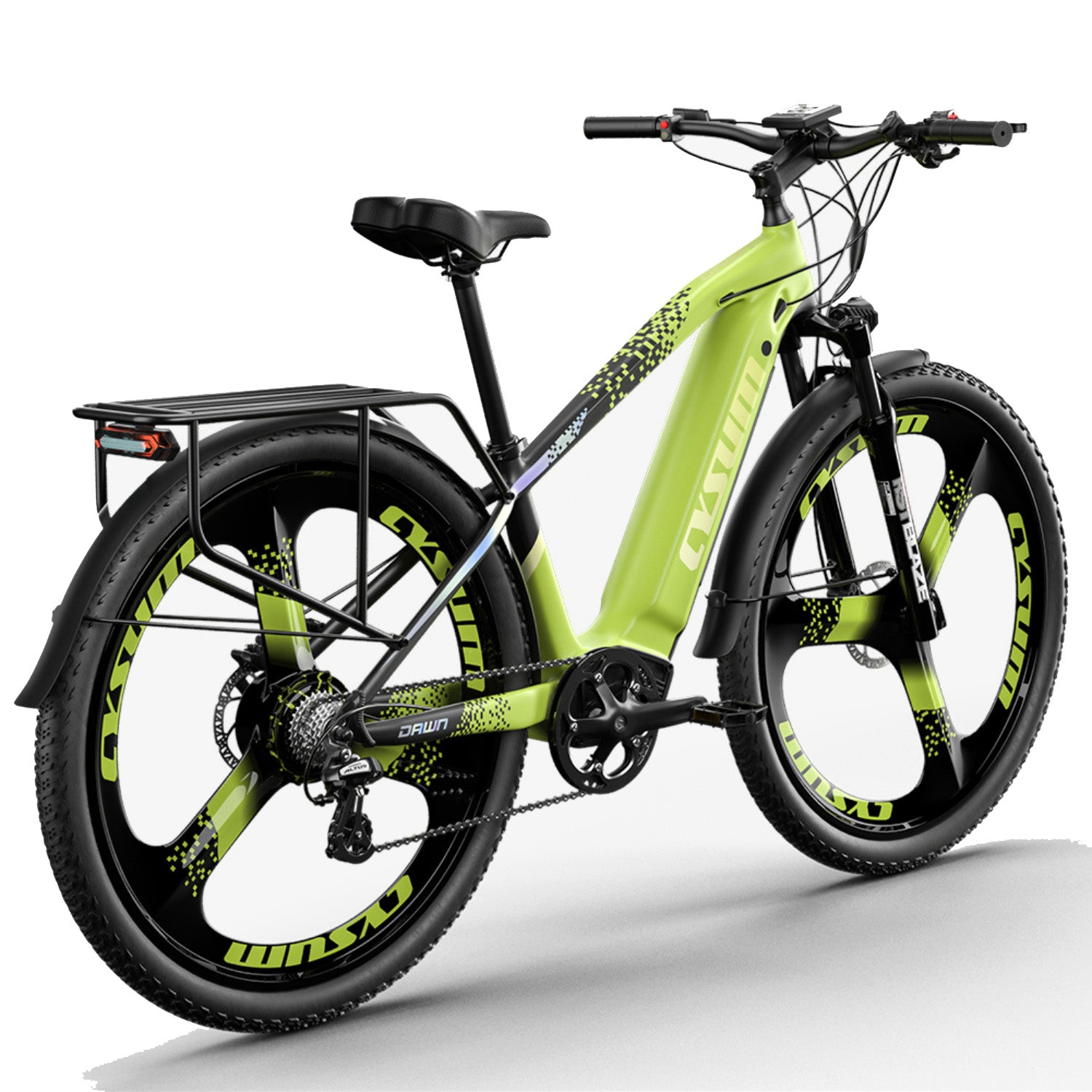 Una bicicletta elettrica verde chiaro con manubrio, sella e ruote spesse nere su sfondo bianco.