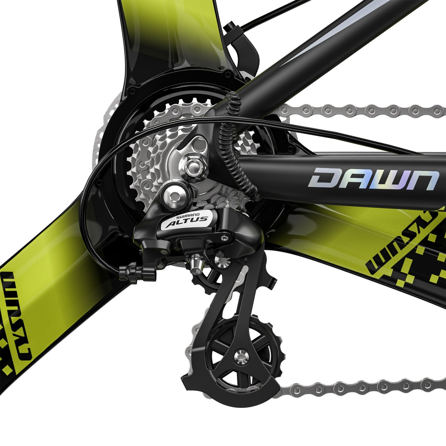 Primo piano di un deragliatore per bicicletta Shimano Altus nero con catena e cassetta su telaio nero e giallo.