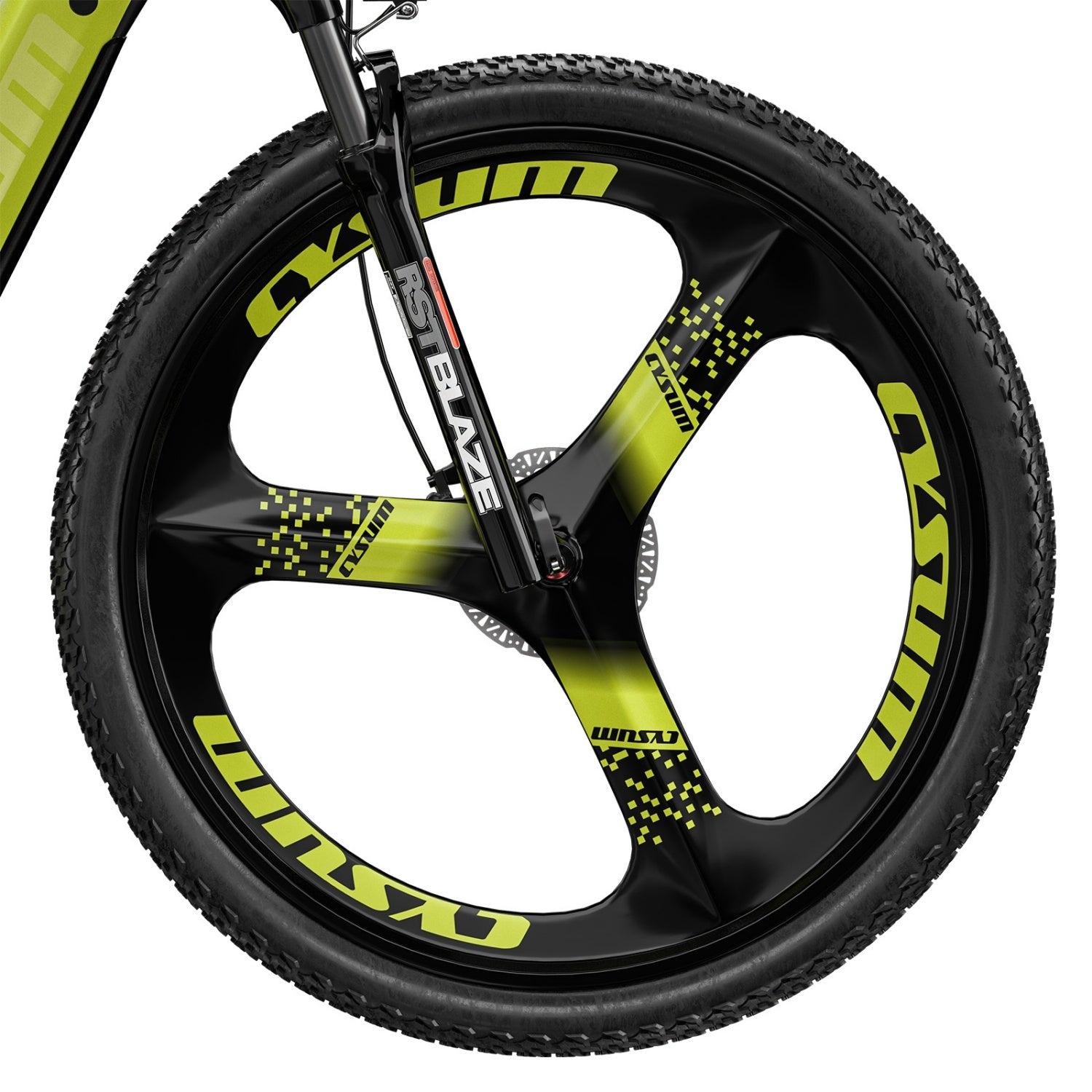 Primo piano della ruota anteriore di una bicicletta con raggi neri e verde lime, copertone tassellato e forcella RST Blaze.