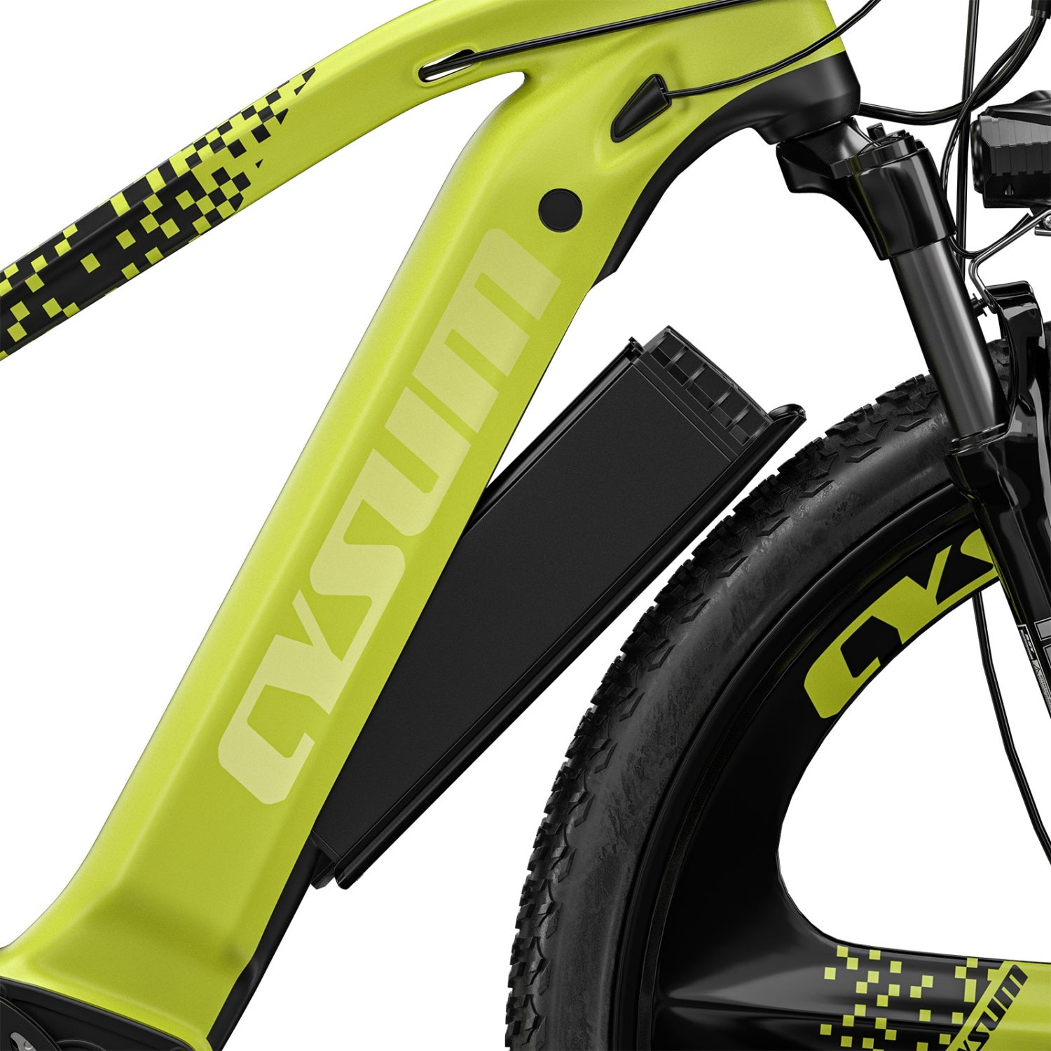 Primo piano di un telaio per e-bike verde lime con batteria nera e ruota anteriore su sfondo bianco.