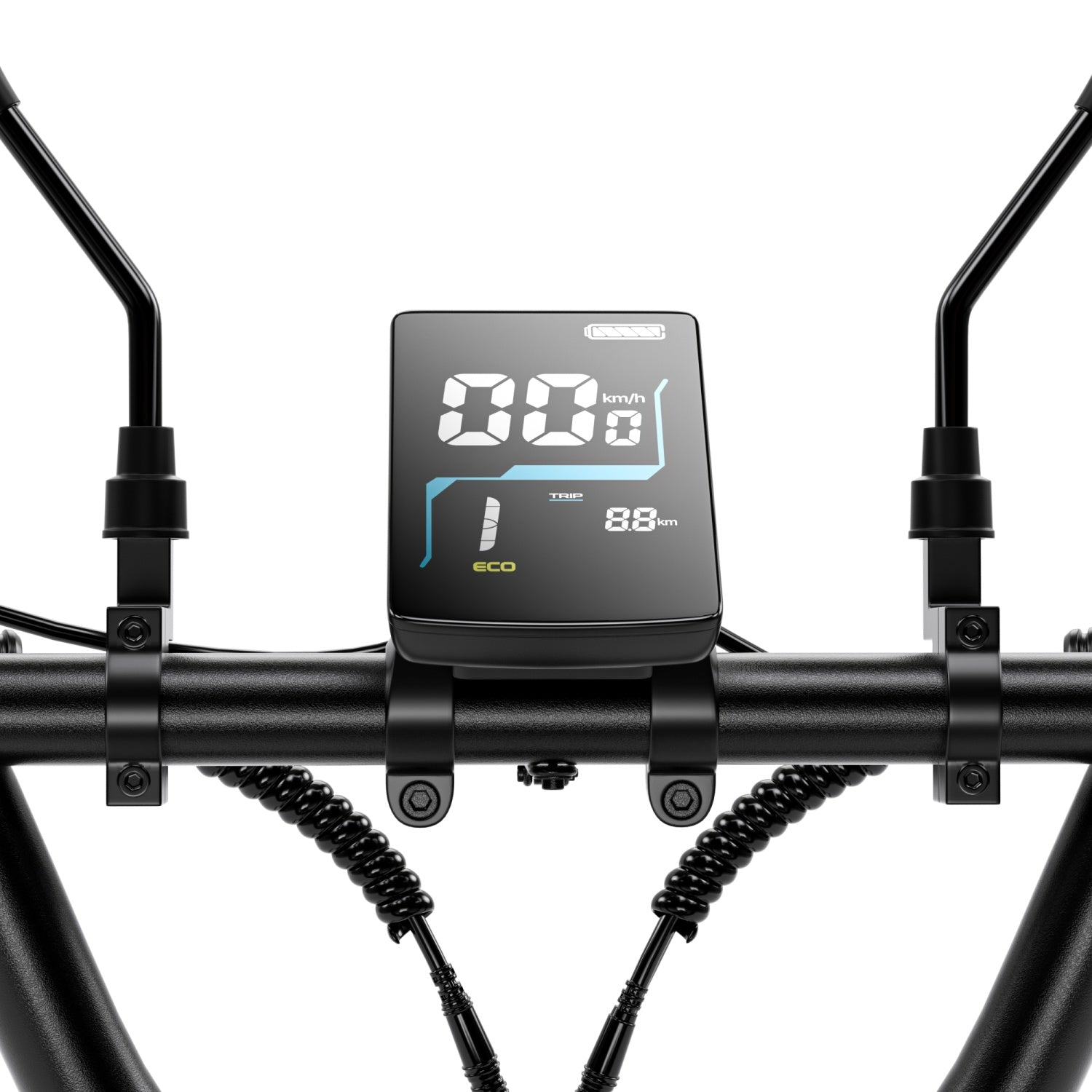 Manubrio di un monopattino elettrico con display nero che mostra 0 km/h e due specchietti su sfondo bianco.