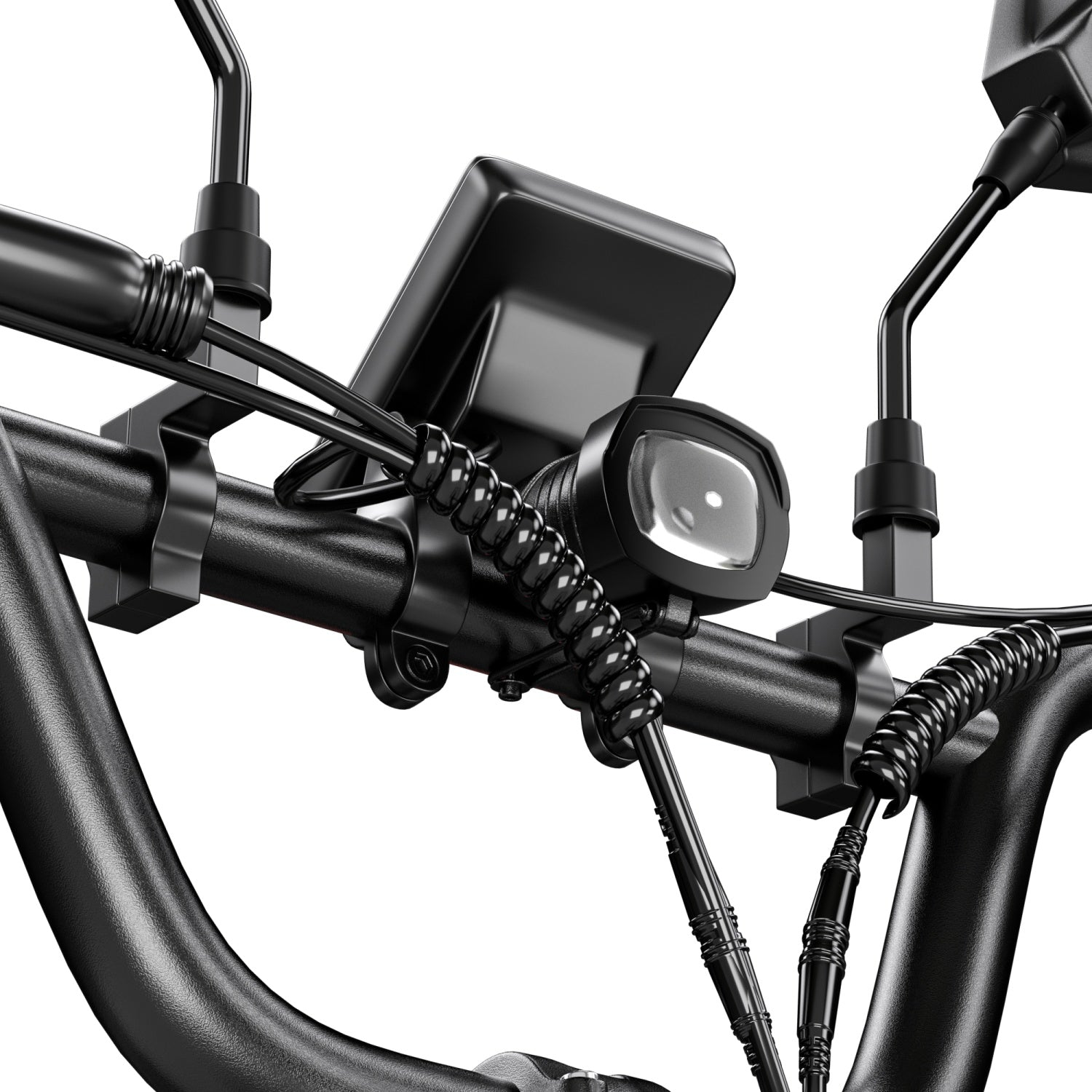 Manubrio nero per e-bike con display, luce anteriore, specchietti e cavi su sfondo bianco.