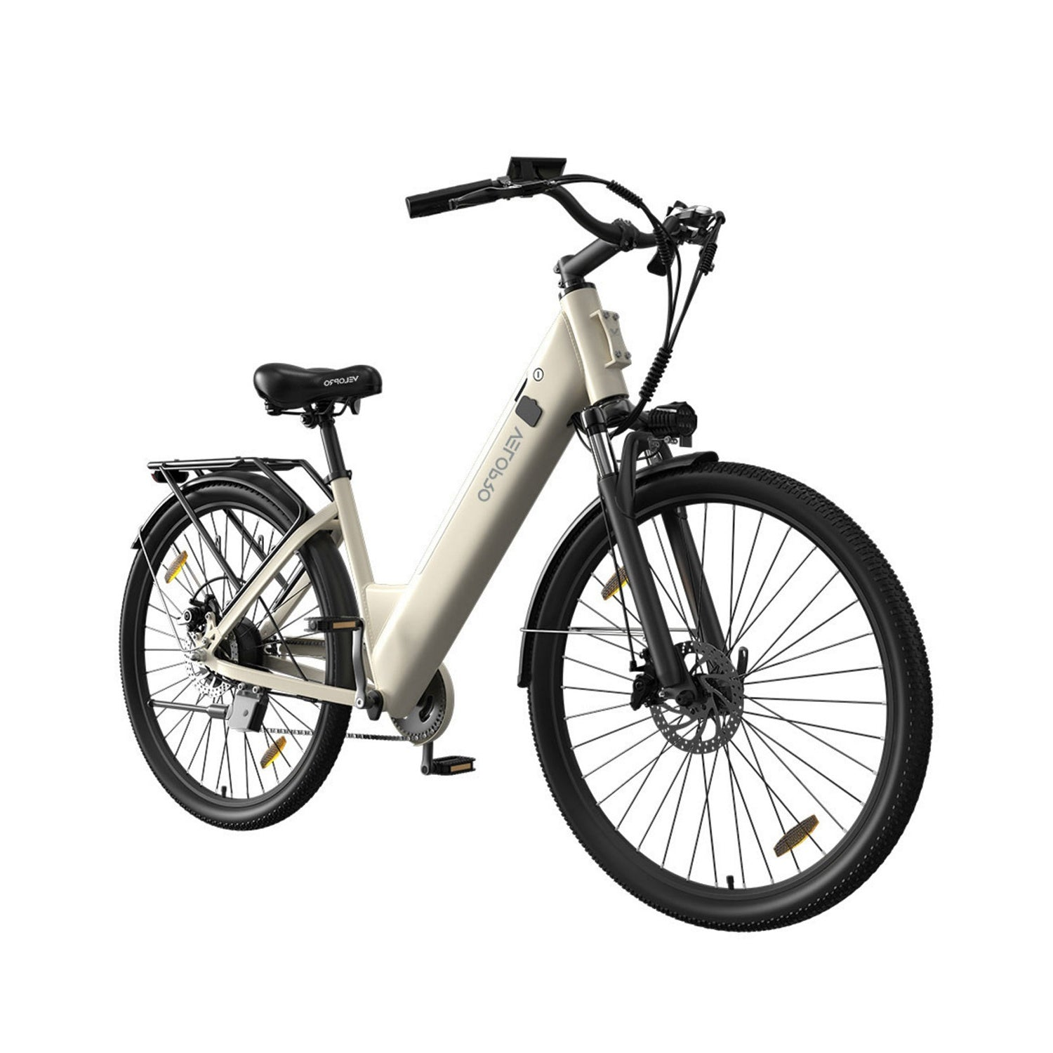Una bicicletta elettrica beige con manubrio, sella e parafanghi neri su sfondo bianco.