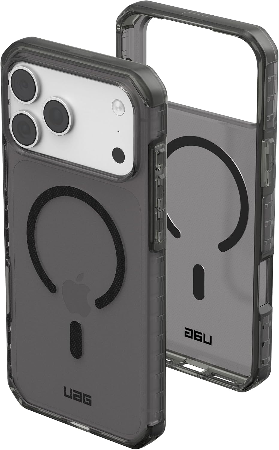 Custodia per smartphone nera trasparente con anello MagSafe e logo UAG.
