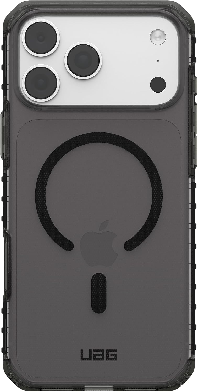 Vista posteriore di un iPhone in una custodia protettiva scura trasparente con anello MagSafe.