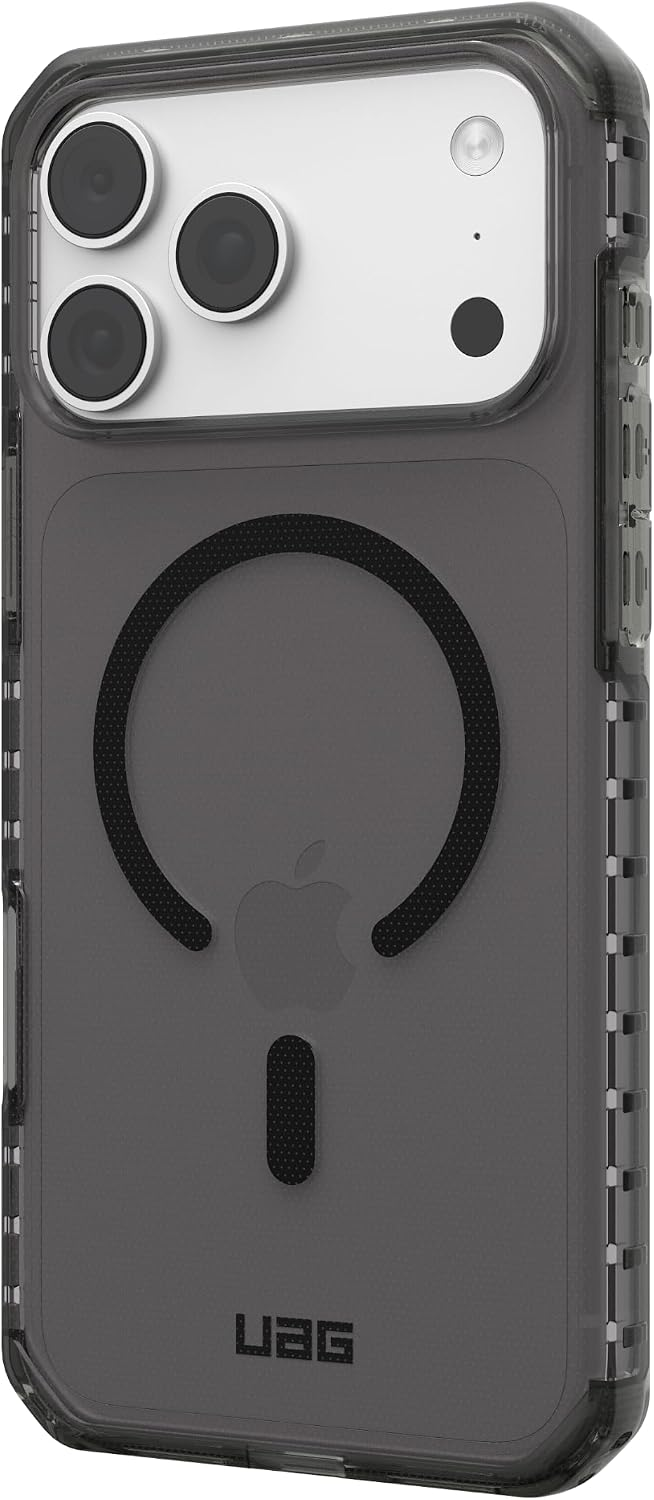 Custodia protettiva nera sul retro di un iPhone con anello MagSafe e logo UAG.