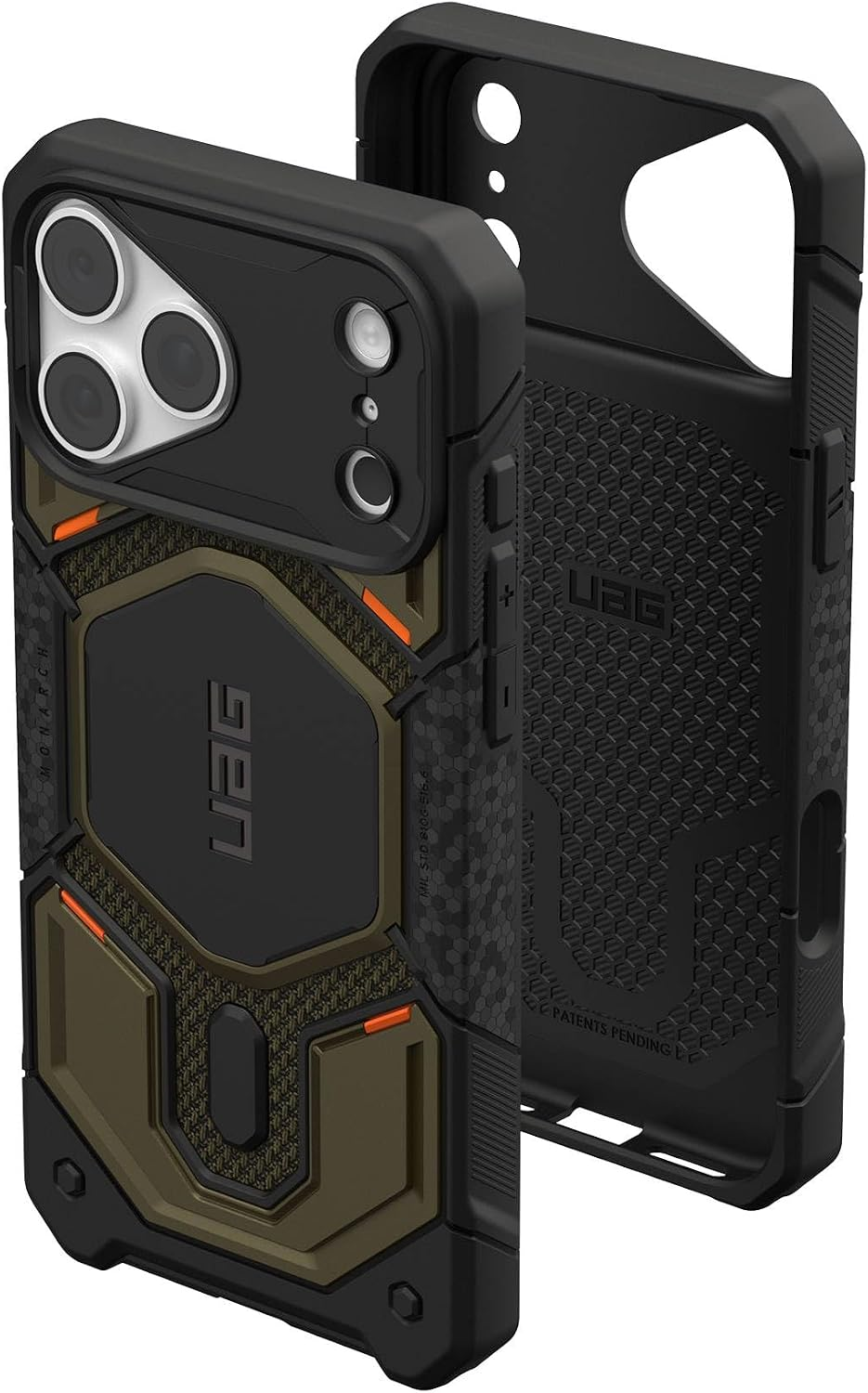 Custodia per smartphone robusta nera e verde oliva con angoli rinforzati e logo UAG.