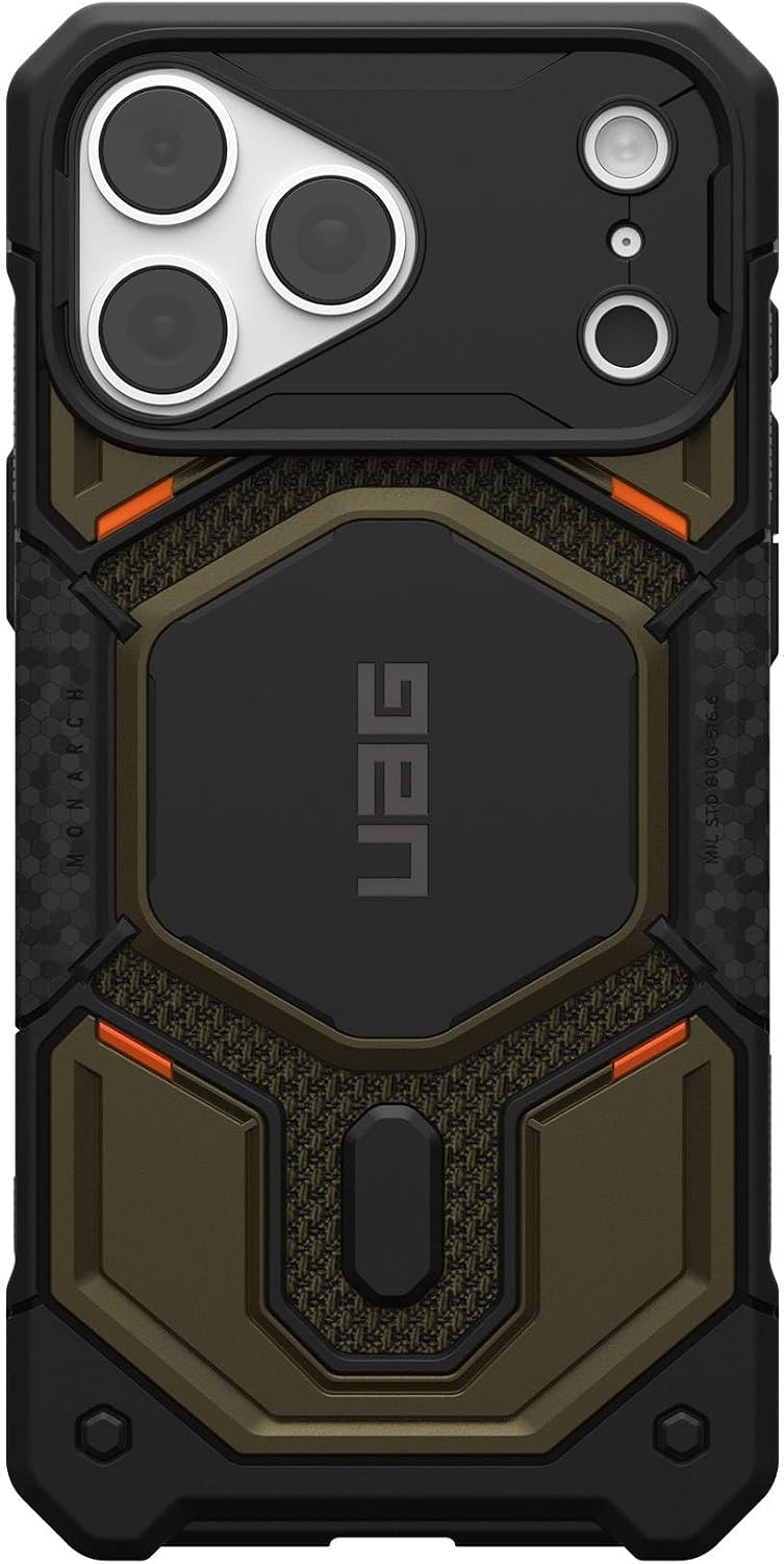 Robusta custodia per smartphone UAG nera e verde oliva con design esagonale e dettagli arancioni.