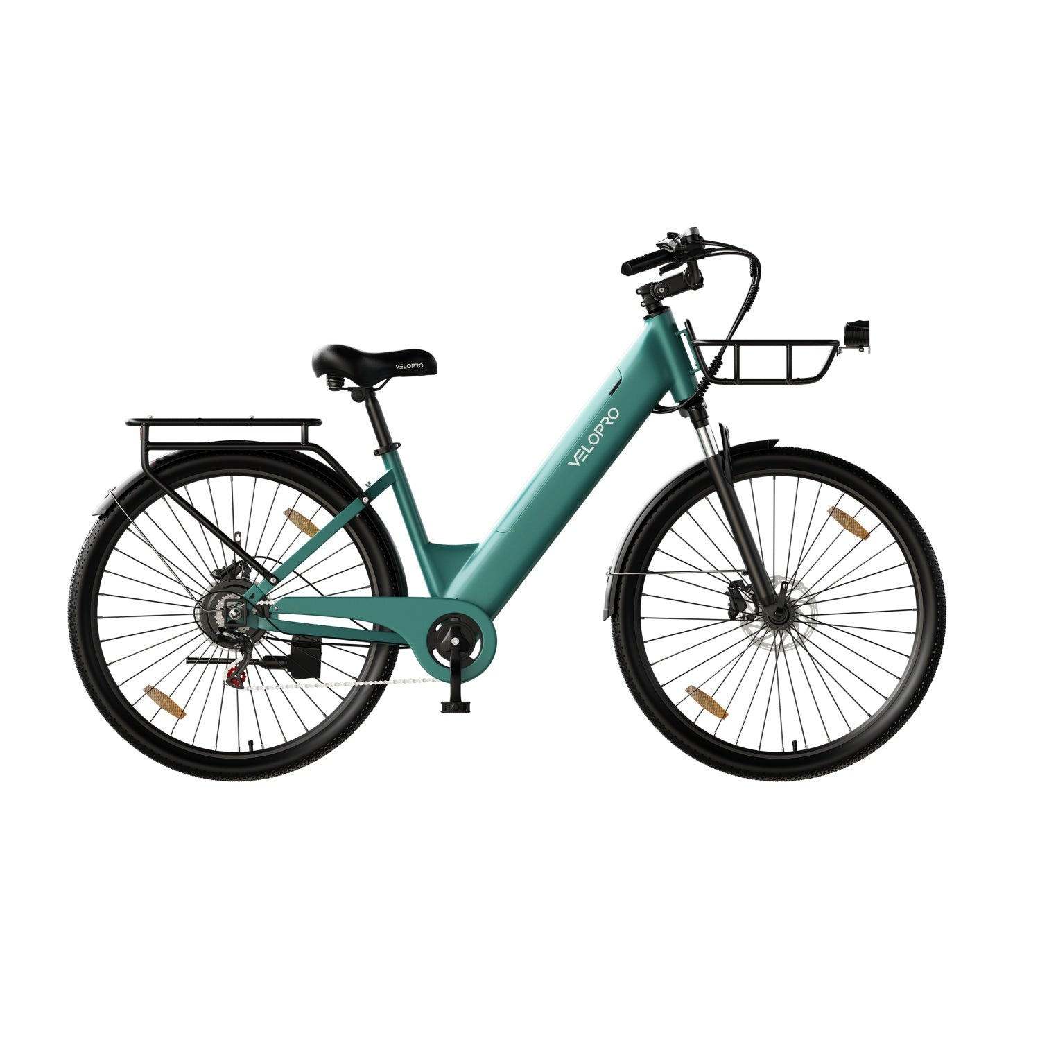 Una bici elettrica urbana Velopro verde acqua con portapacchi anteriore e posteriore, parafanghi e ruote nere.