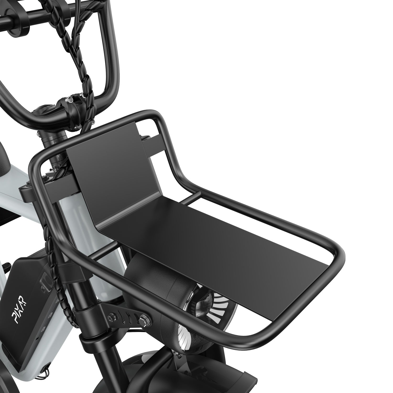 Portapacchi anteriore nero montato su una bicicletta elettrica, con faro e manubrio.