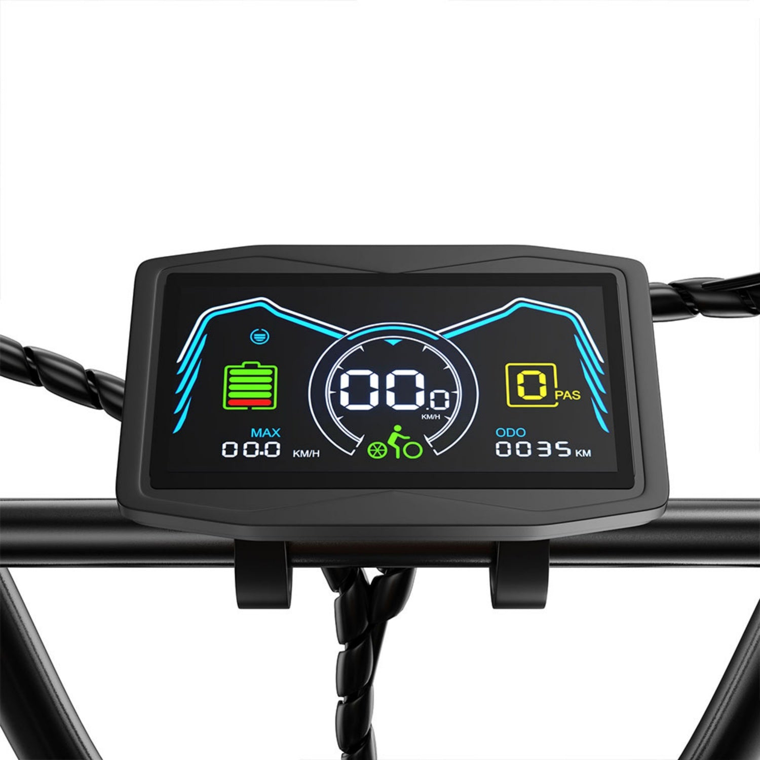 Un display per bicicletta elettrica sul manubrio che mostra velocità, batteria e chilometraggio.
