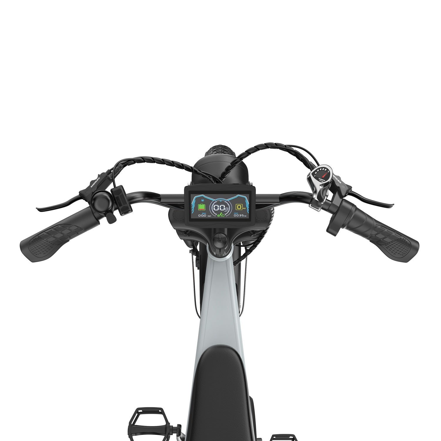 Vista dall'alto del manubrio di una e-bike con display digitale e leve dei freni.