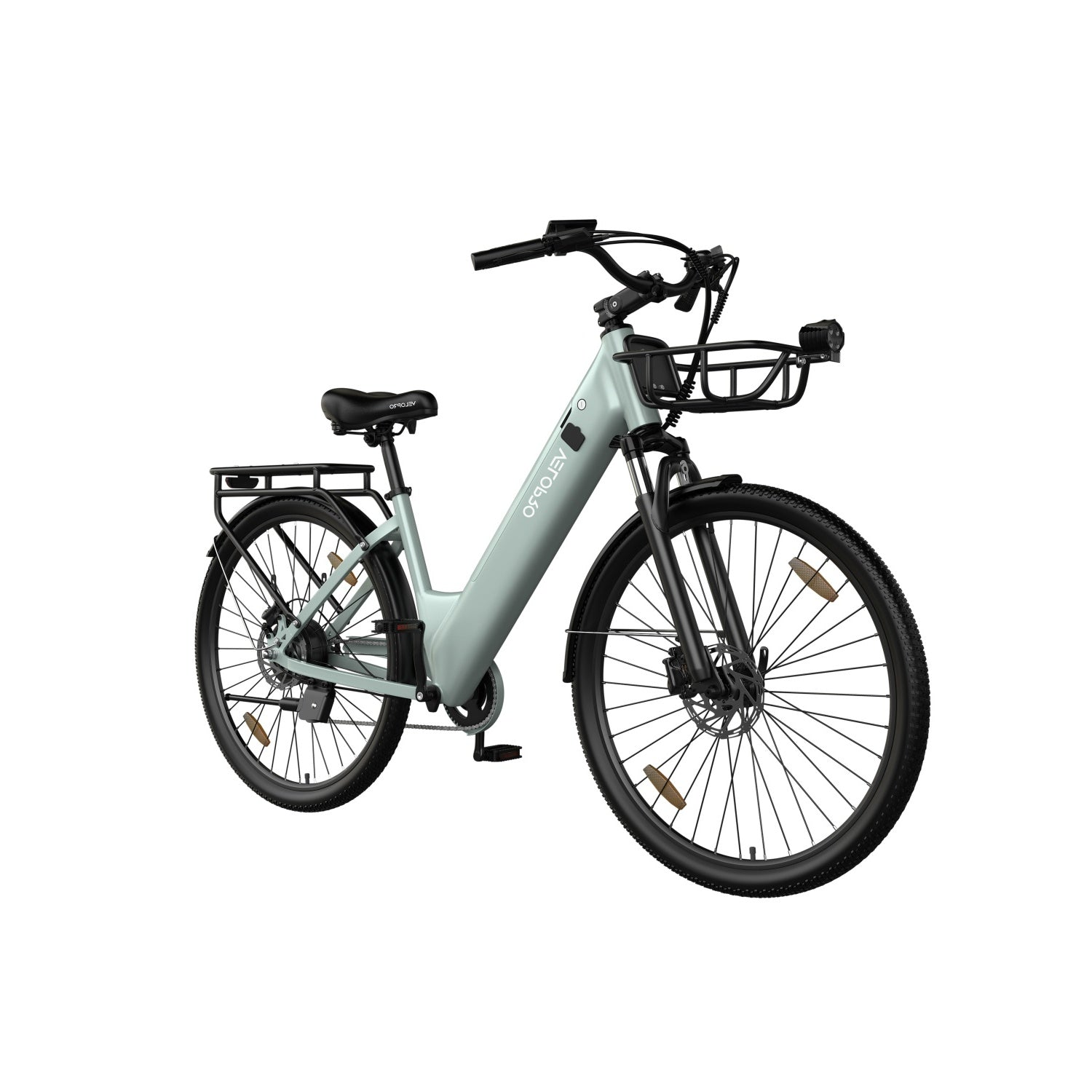 Una bicicletta elettrica azzurra con telaio nero, portapacchi anteriore e posteriore e pneumatici larghi.