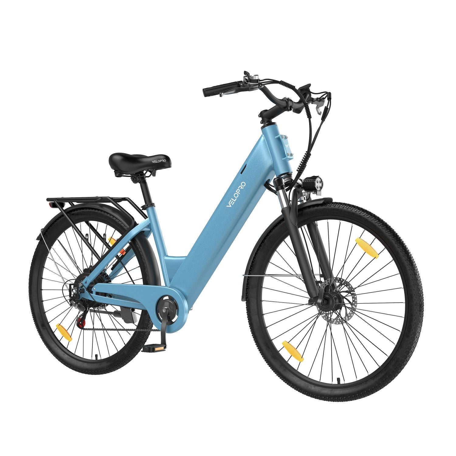 Una bicicletta elettrica urbana Velopro azzurra con dettagli neri, parafanghi, portapacchi posteriore e faro su sfondo bianco.