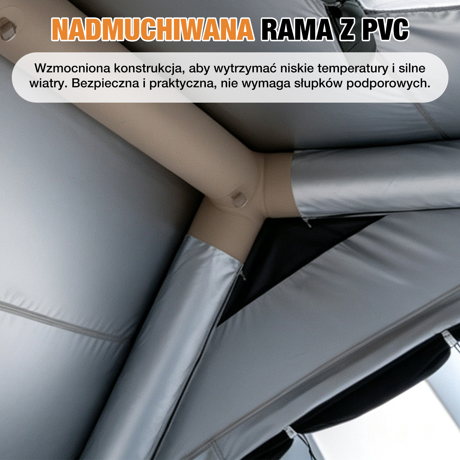 Nadmuchiwana rama z PVC z wzmocnionymi belkami widziana od wewnątrz.
