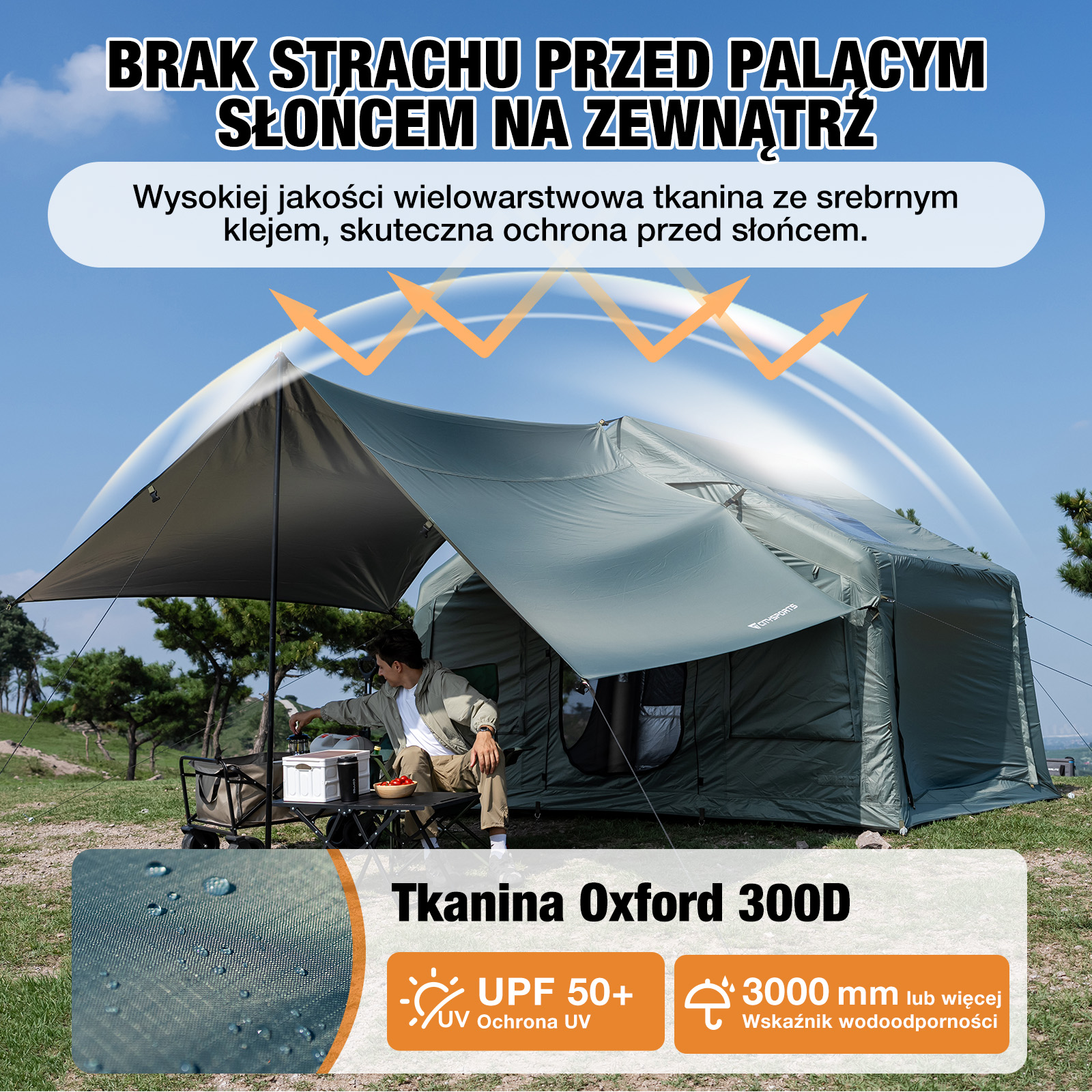 Mężczyzna siedzi na zewnątrz obok dużego zielonego namiotu, z tekstem i ikonami ochrony przed słońcem.