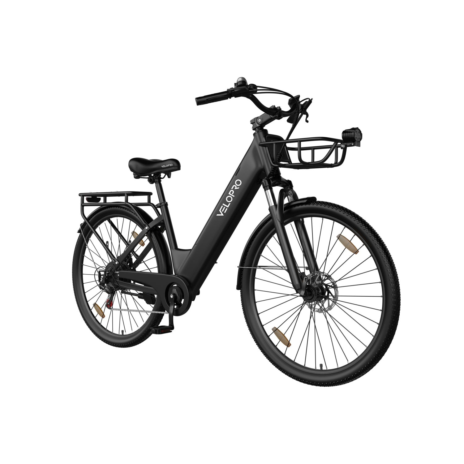 Una bici elettrica Velopro nera con cestino anteriore e portapacchi su sfondo bianco.