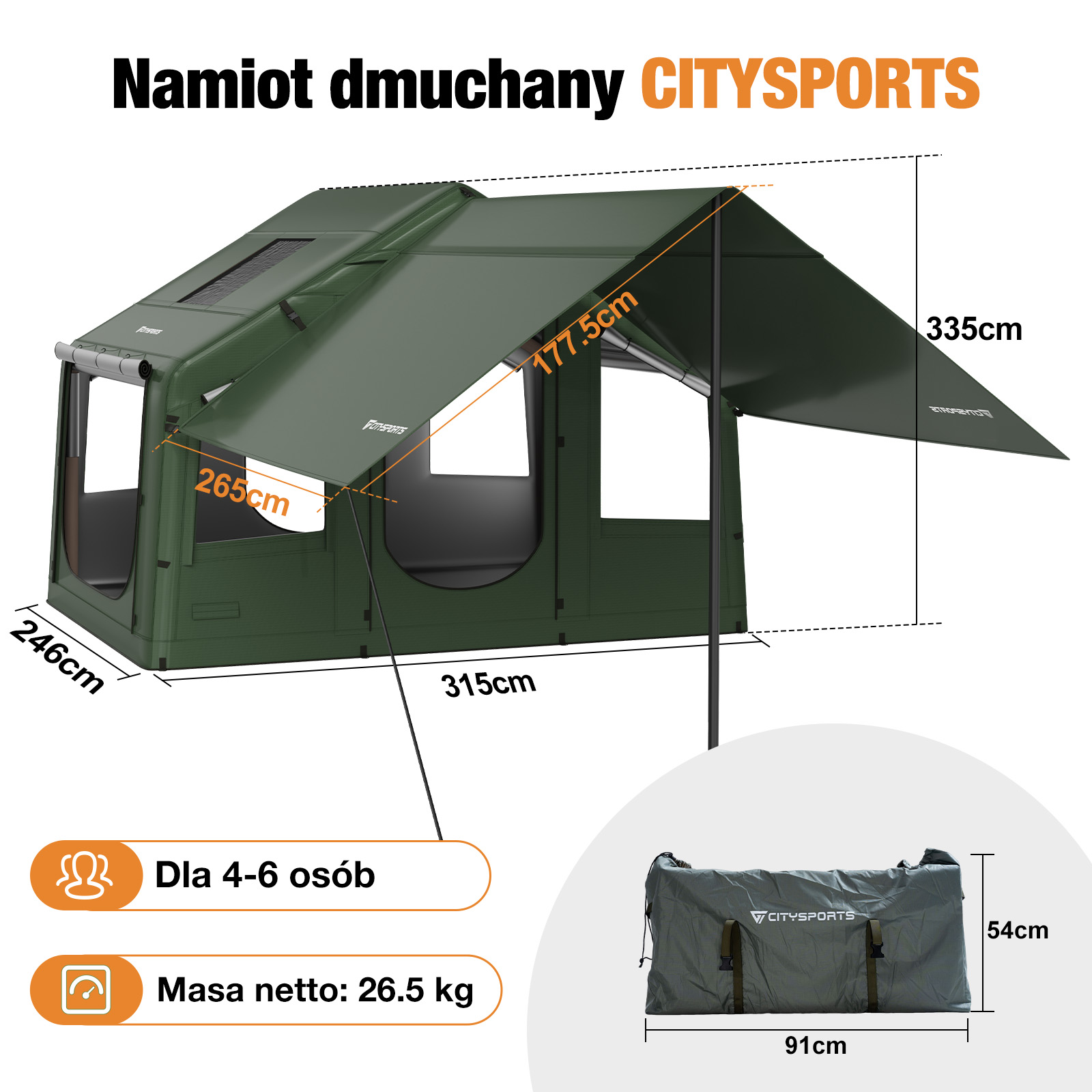 Zielony namiot dmuchany CITYSPORTS z wymiarami, dla 4-6 osób, 26,5 kg i torba.