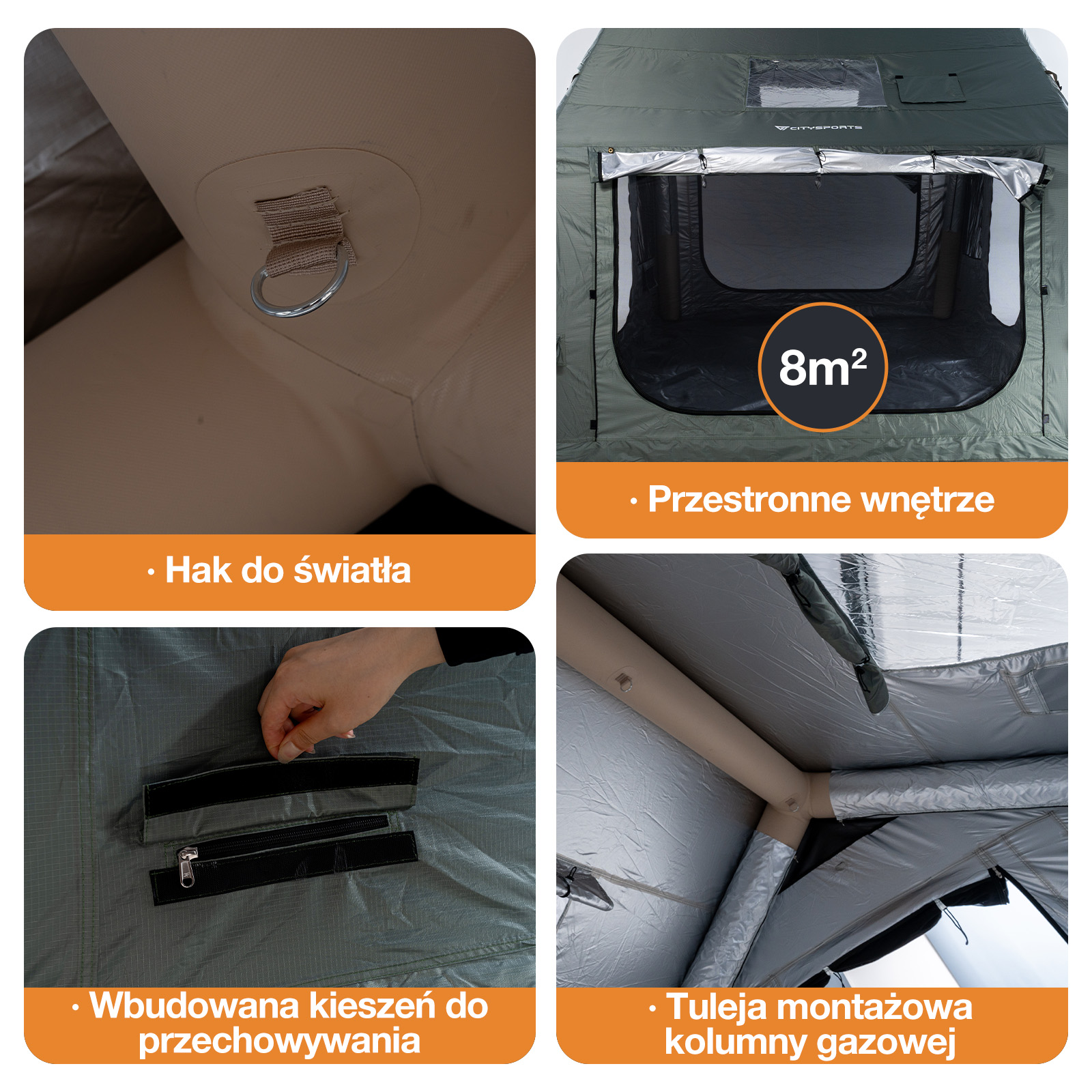 Cztery zdjęcia przedstawiają detale namiotu, w tym hak, wnętrze 8m², kieszeń i stelaż.
