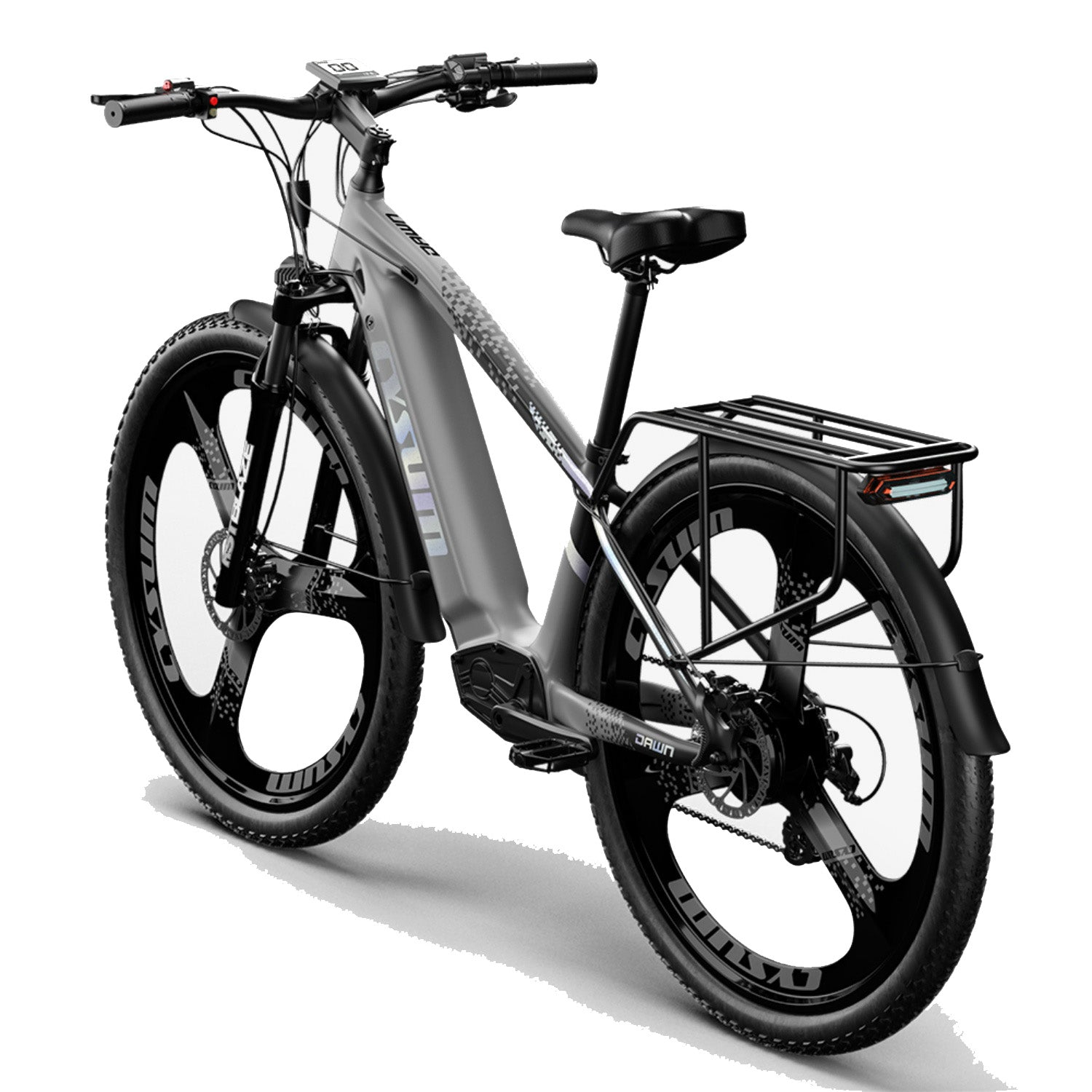 Una bicicletta elettrica grigia con sella nera, ruote piene e portapacchi, su sfondo bianco.