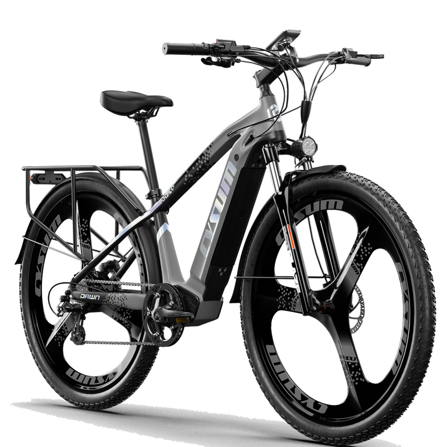 Una moderna mountain bike elettrica grigia e nera con pneumatici larghi su sfondo bianco.