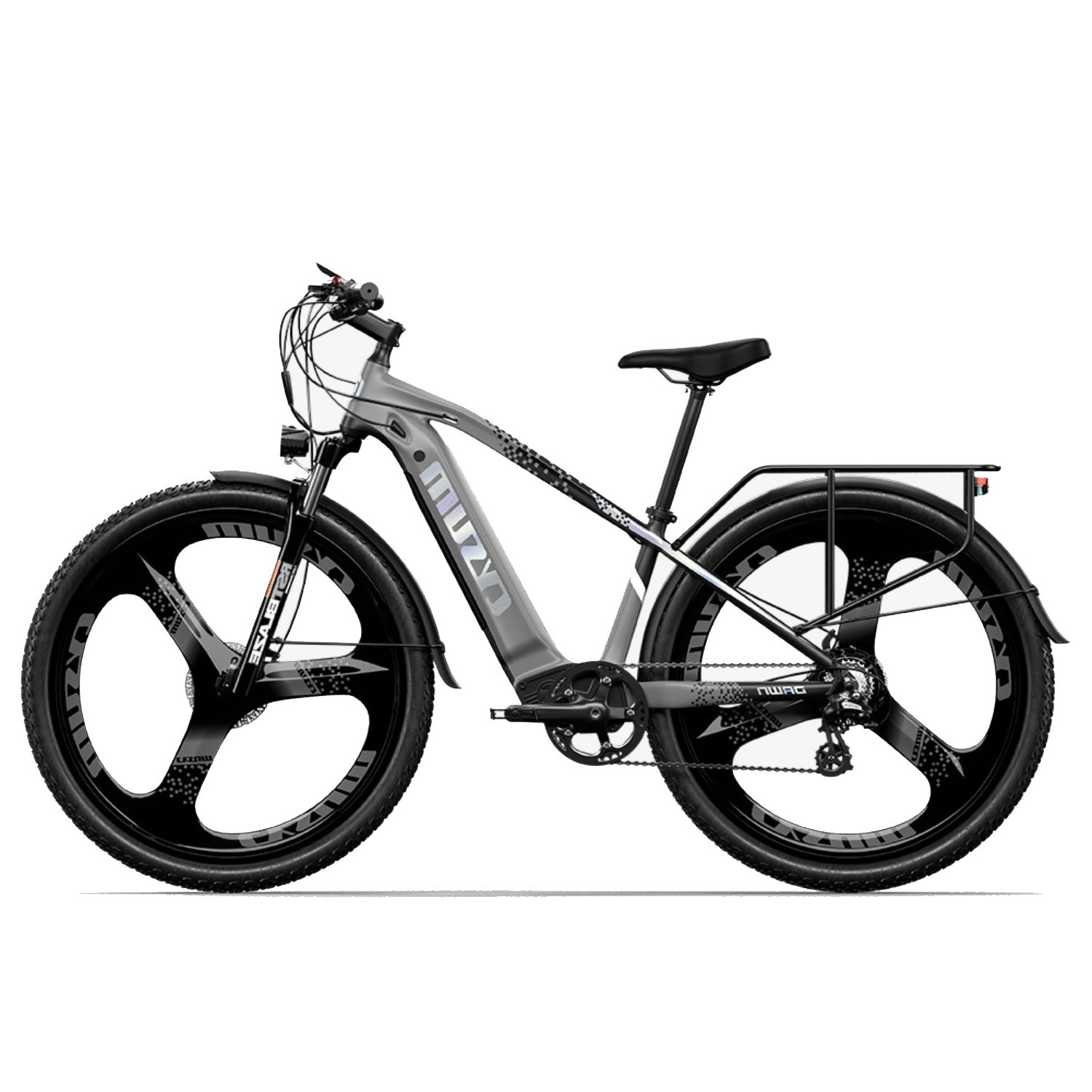 Moderna bicicletta elettrica grigia con pneumatici spessi, ruote nere a 3 razze, portapacchi e telaio basso.