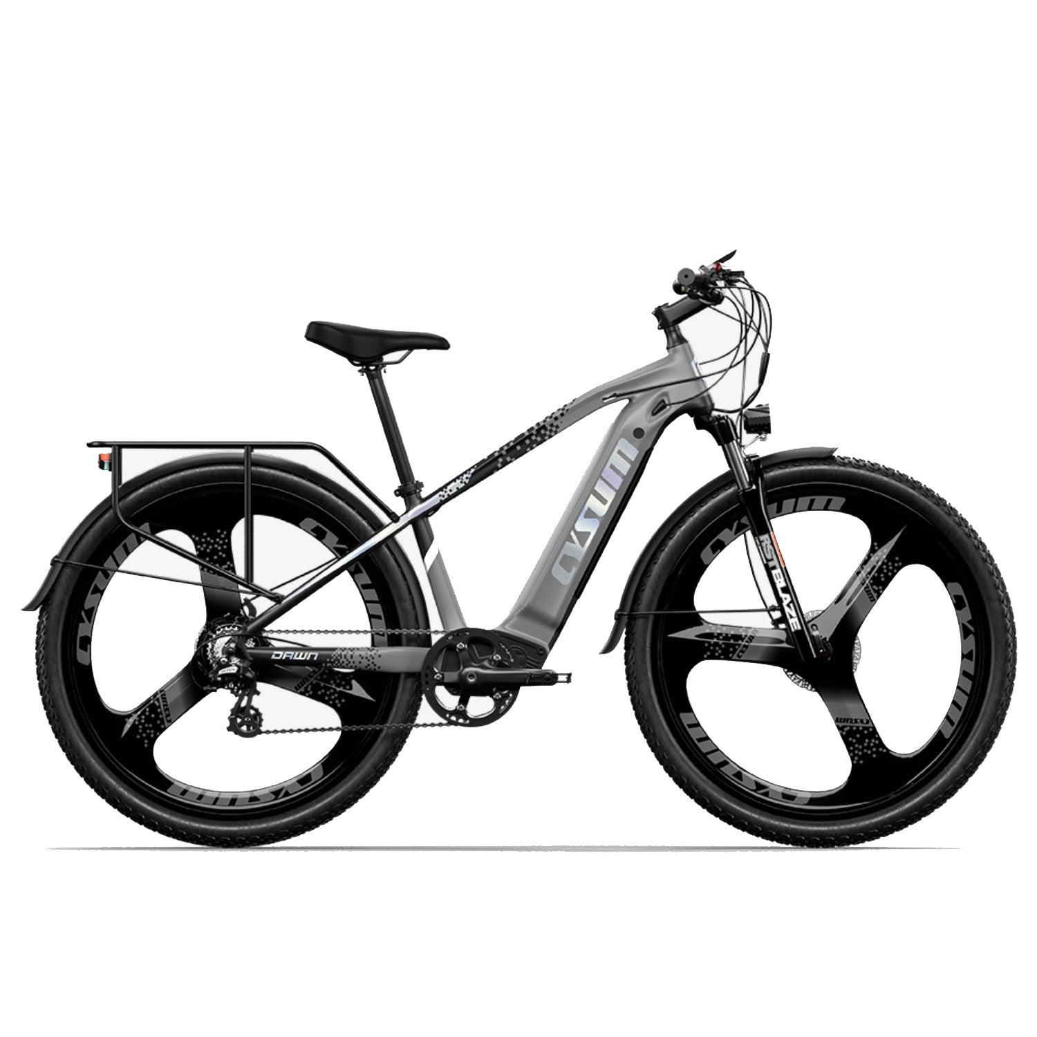 Una mountain bike elettrica grigia con pneumatici spessi, ruote a tre razze e faro anteriore.