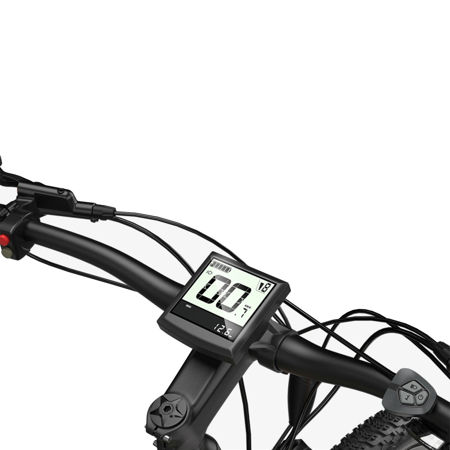 Manubrio di e-bike con display nero che mostra 00 km/h e stato batteria.