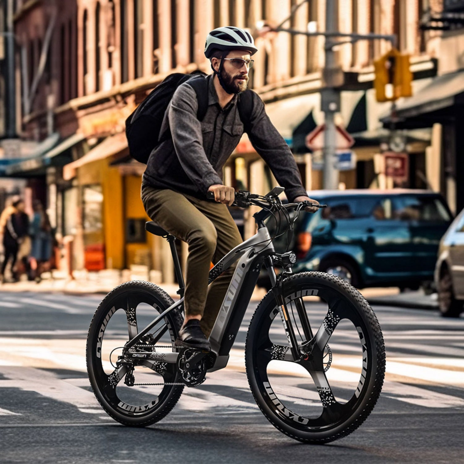 Un uomo con casco e zaino guida una moderna e-bike su una strada cittadina soleggiata.
