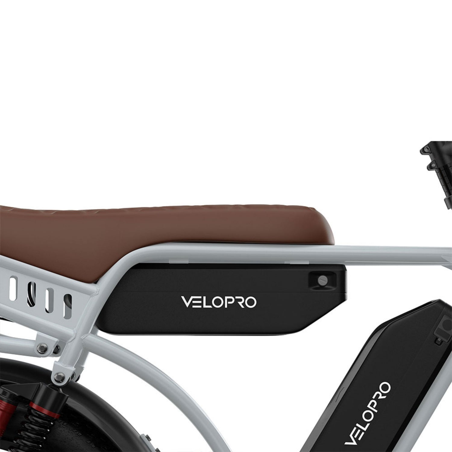 Un telaio per e-bike Velopro con sella marrone e batteria nera su sfondo bianco.