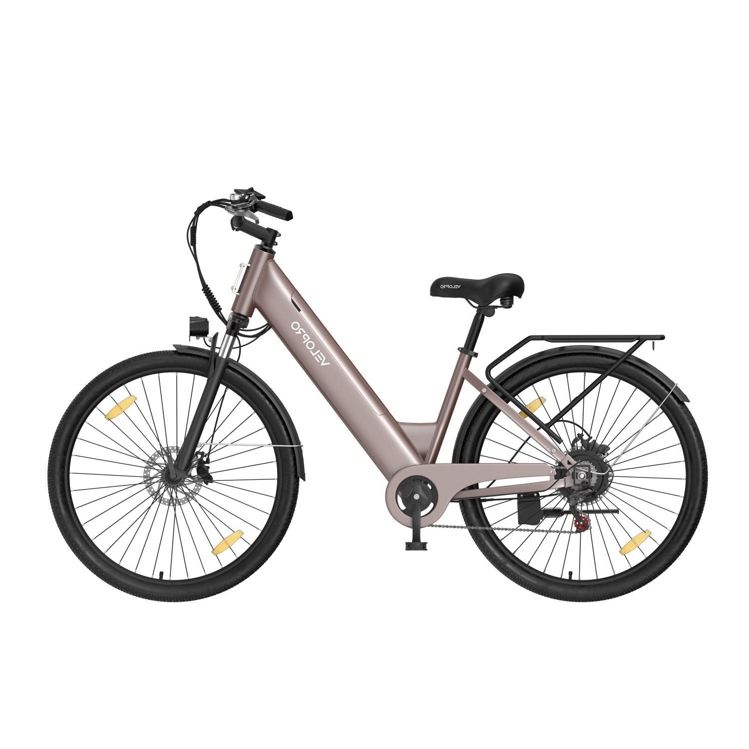 Una moderna bicicletta elettrica rosa con manubrio, sella e ruote neri su sfondo bianco.