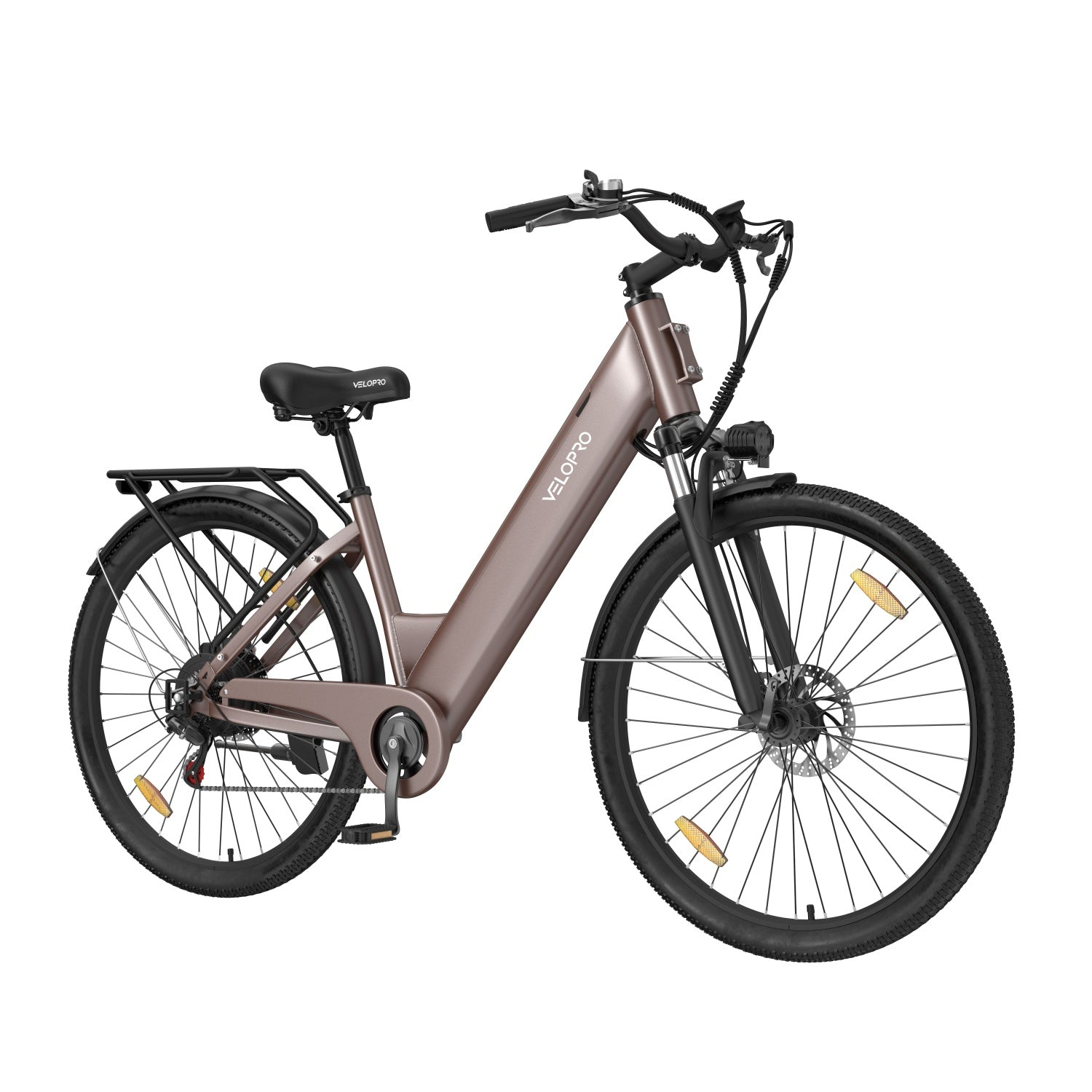 Una bicicletta elettrica Velopro marrone su sfondo bianco con portapacchi e freni a disco.