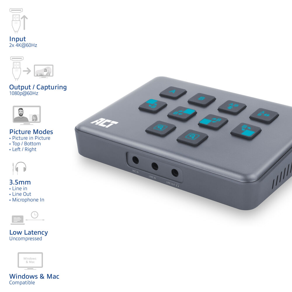 Switcher video ACT grigio con pulsanti retroilluminati, porte audio e icone a sinistra.