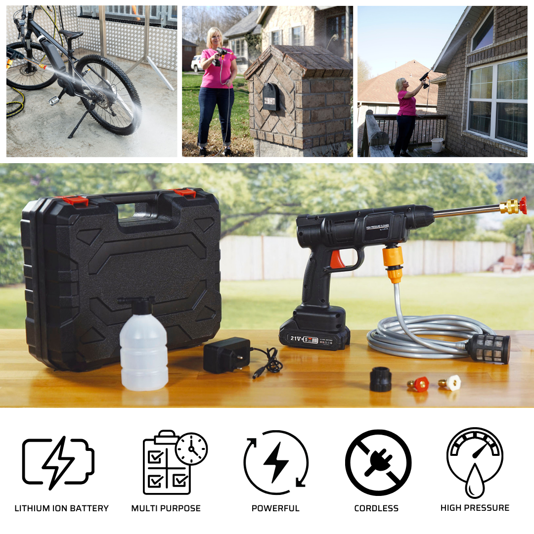 Kit idropulitrice a batteria con valigetta, batteria, ugelli e tubo su un tavolo.