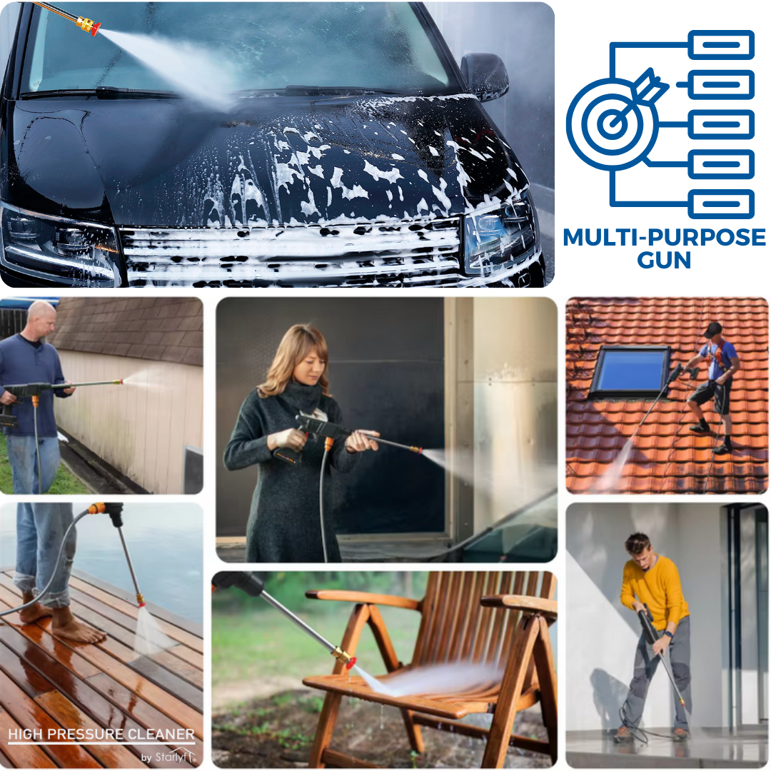 Collage di un'idropulitrice che spruzza acqua su auto, tetto, sedia, muro e pavimento.