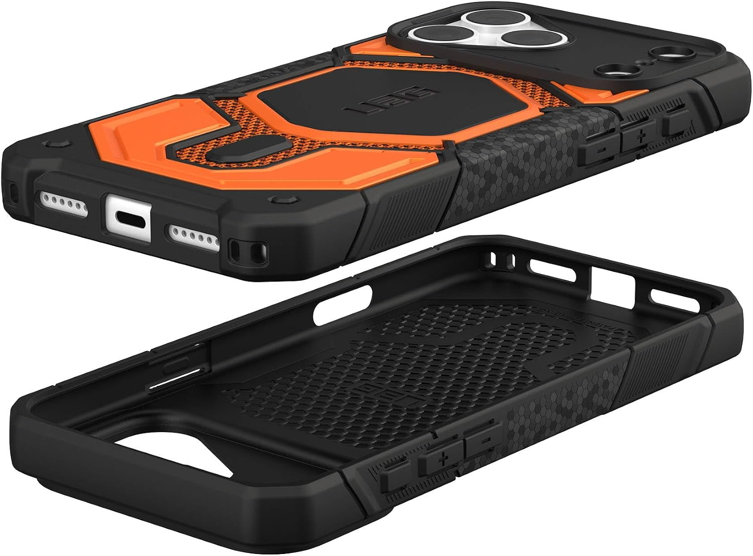 Robuste schwarze und orangefarbene Schutzhülle für ein Mobiltelefon mit verstärkten Ecken und Kameraausschnitt.