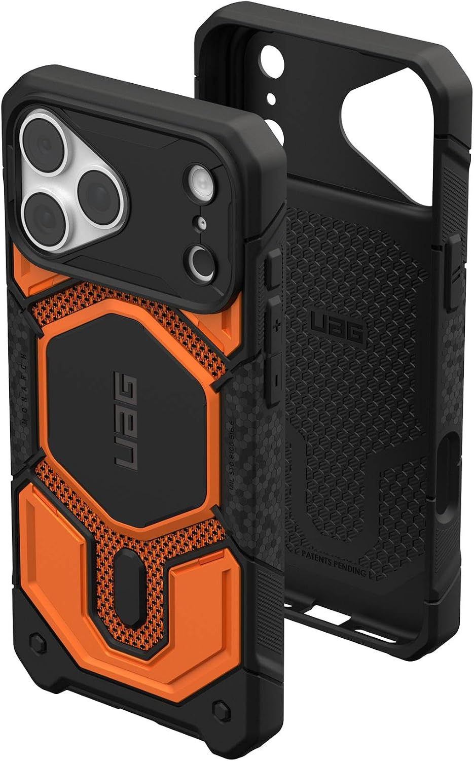 Strapazierte schwarze und orangefarbene Schutzhülle mit sechseckigem Muster für ein Smartphone.